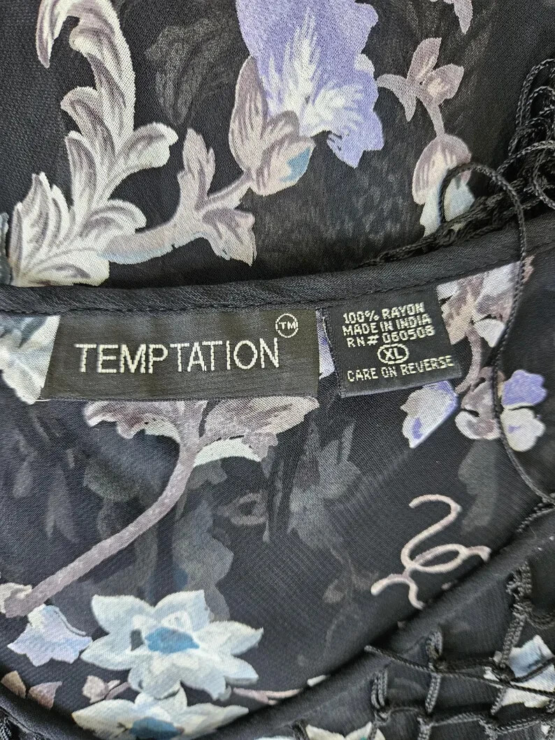 Temptations 1990 Black Rayon Gauze Floral Bias Cut Dress XL Piano Shawl Fringe