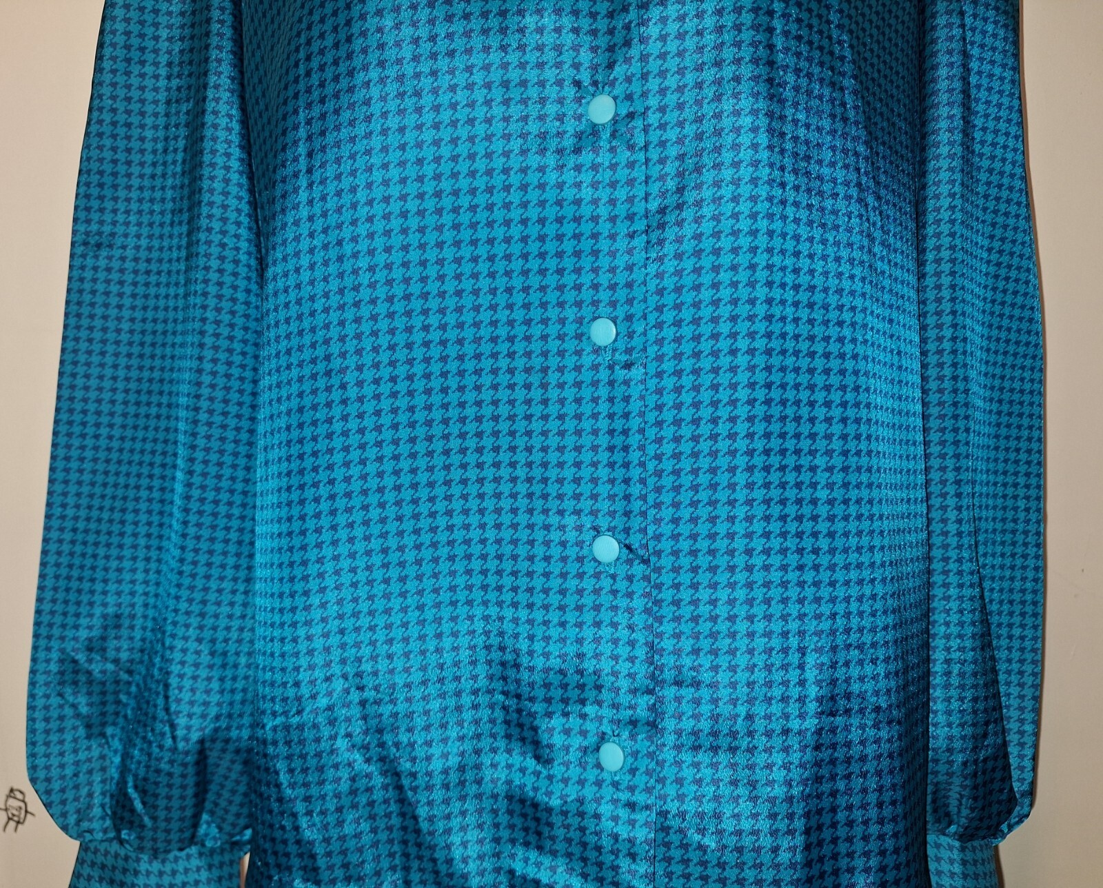 Vintage Dutchmaid Teal/Black Houndstooth 2-Piece Collared V-Neck Sz 40 Skirt Set