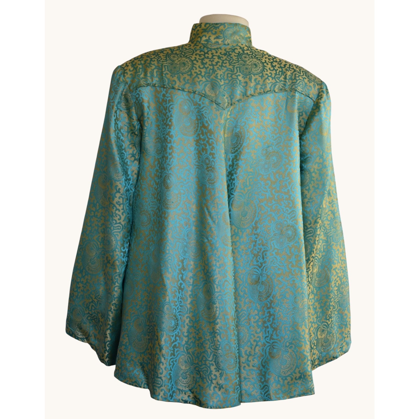 Vintage 60s Silk Jacquard Asian Jacket, Aqua Blue and Gold, Size L Large