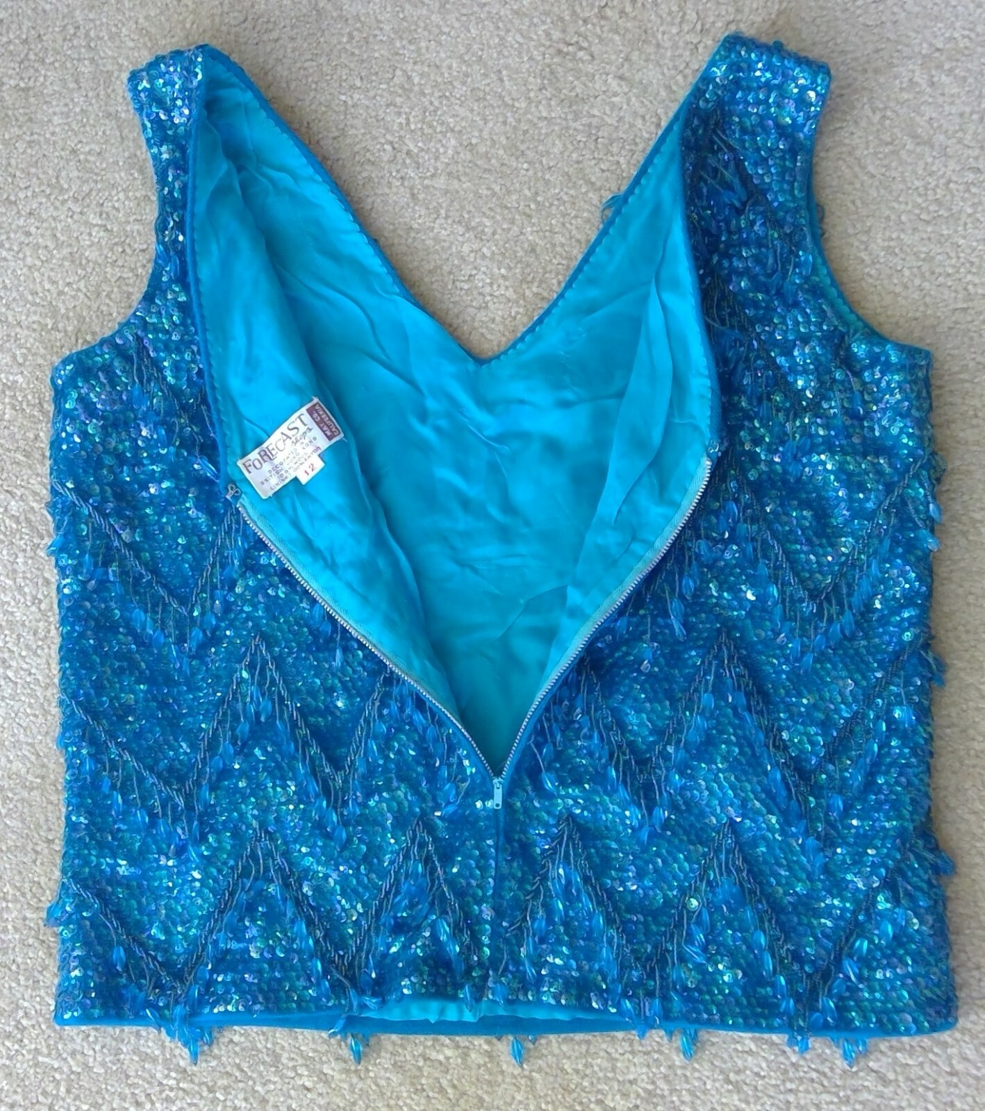 Vtg Forecast Shops Top Blue Sequin/Beads Zipper Back Sz 12 British Hong Kong