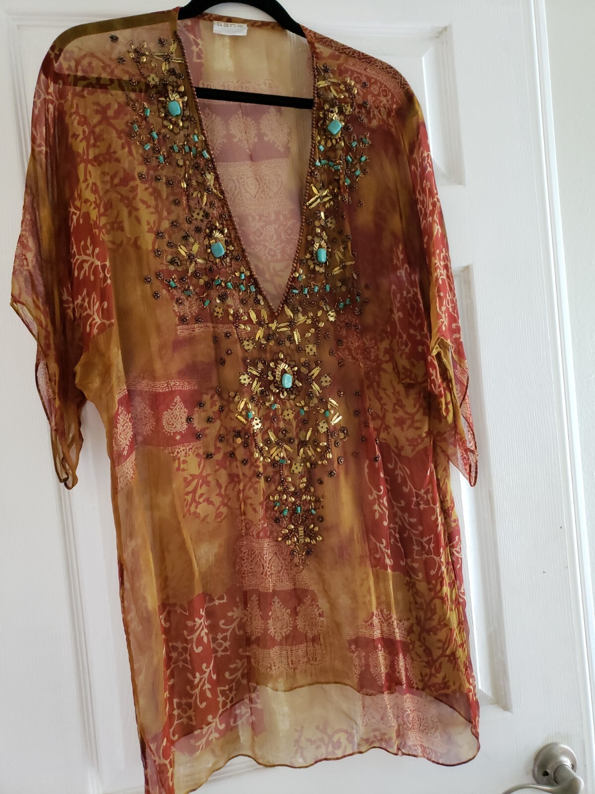 Vintage Turquoise Beaded Sheer Floral Long Blouse Boho Cover up wear over L