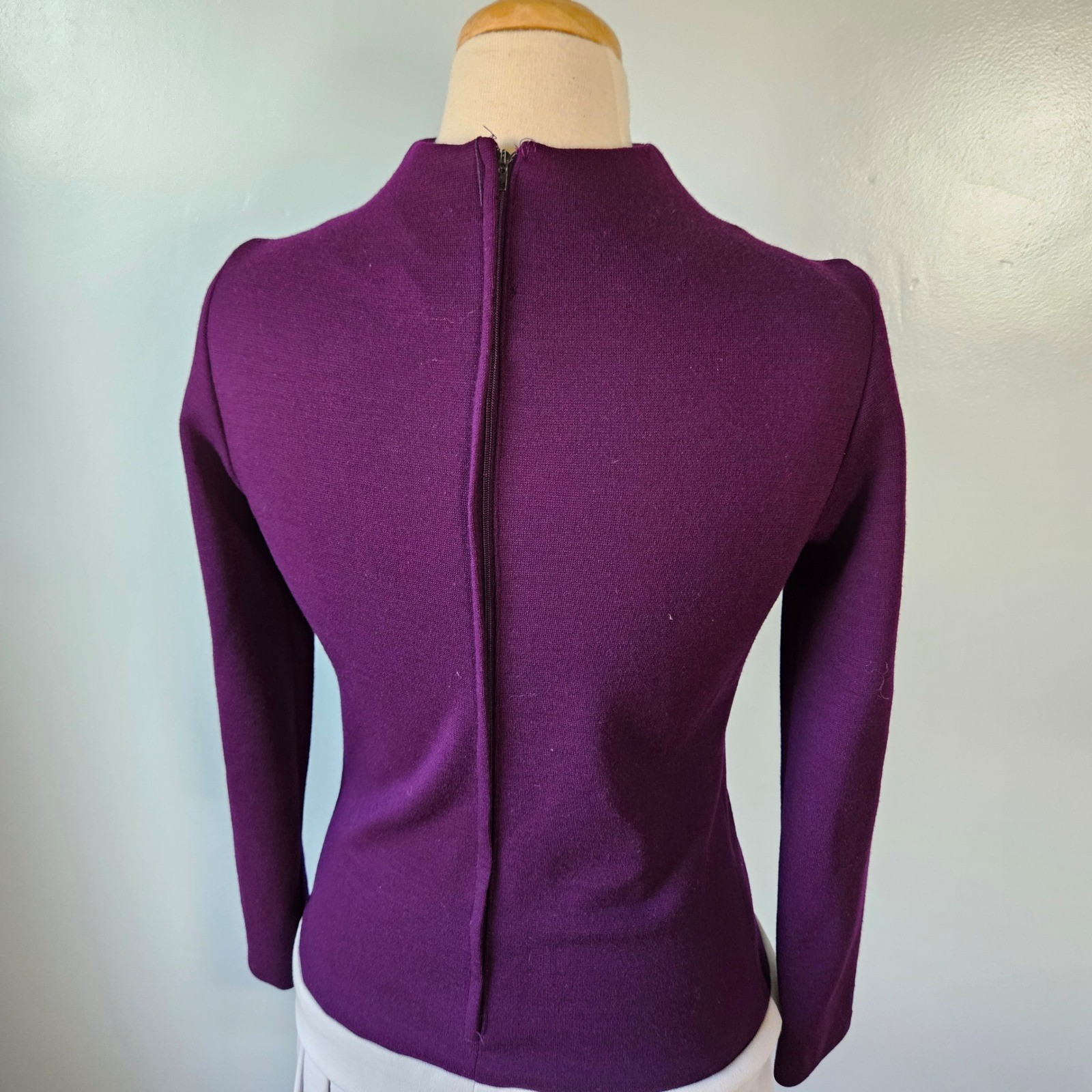 Vintage Kiwa Ltd Purple Gray Mock Neck Drop Waist Pleated Mini Dress Mod Wool M