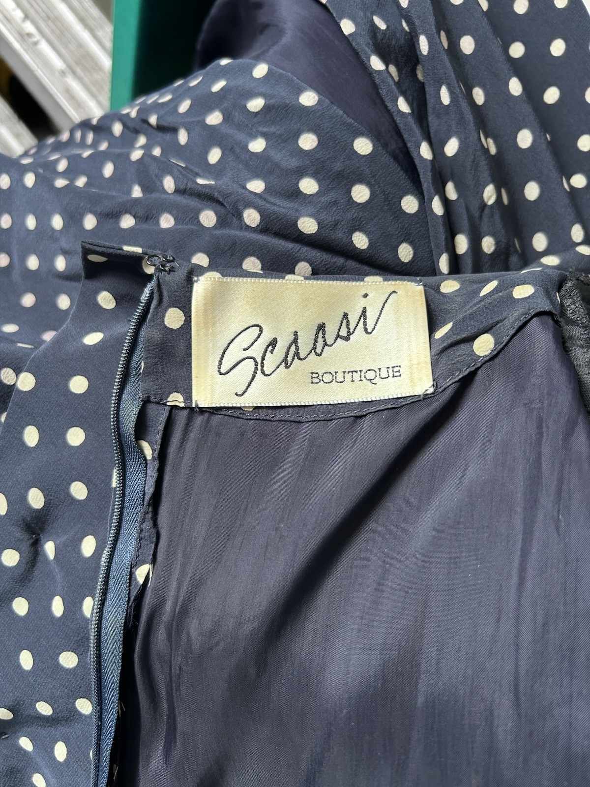 Vintage Arnold Scaasi Dress Pin Up Navy Blue White Polka Dot 80s Cocktail sz S
