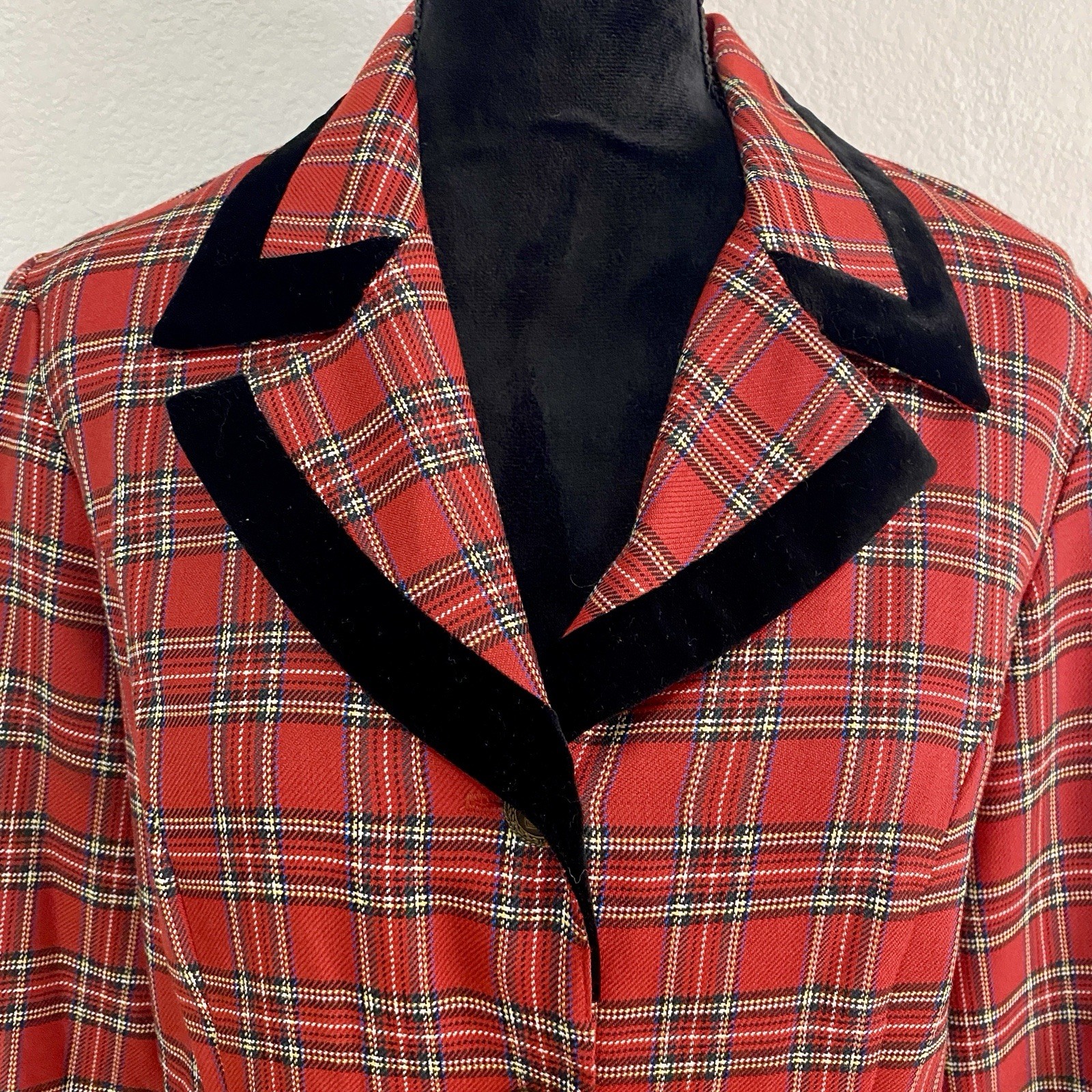 Vintage Sharon Young Plaid Dress Velvet Trim Mock Pockets Unlined Cute Buttons