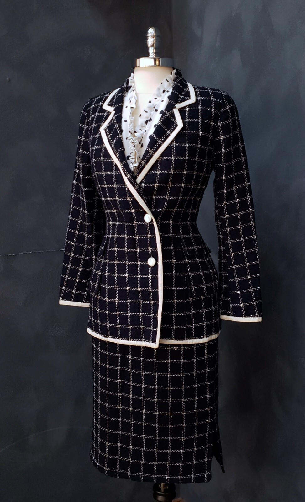 Vintage 80s Emmanuel Ungaro Navy Blue & White Wool Tweed Check Skirt Suit S EUC