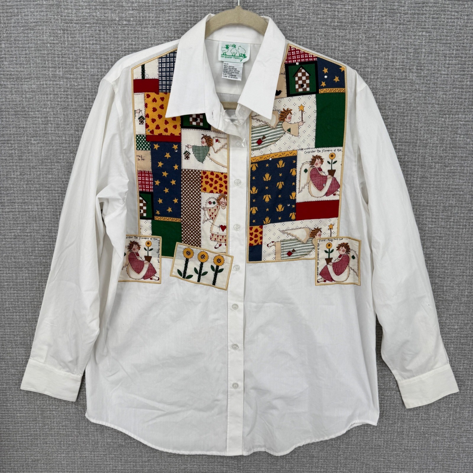 Vtg New Quacker Factory Button Up Shirt Women L Angel Patchwork America Country