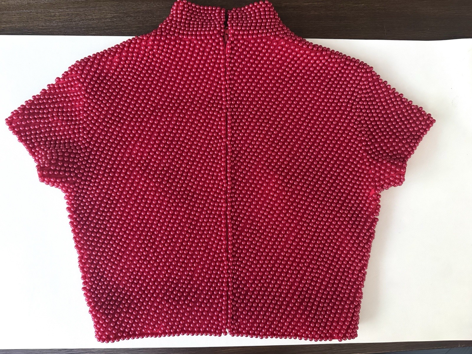 Vintage Cache Red Pearl Beaded Top 80s 90s Mock Neck Editorial Glam Sz 8