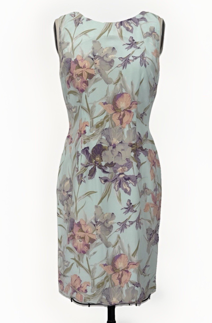 VTG Women’s Sz 6 100% Silk Floral Sheath Lined Dress Pastel Iris Print Y2K EVC
