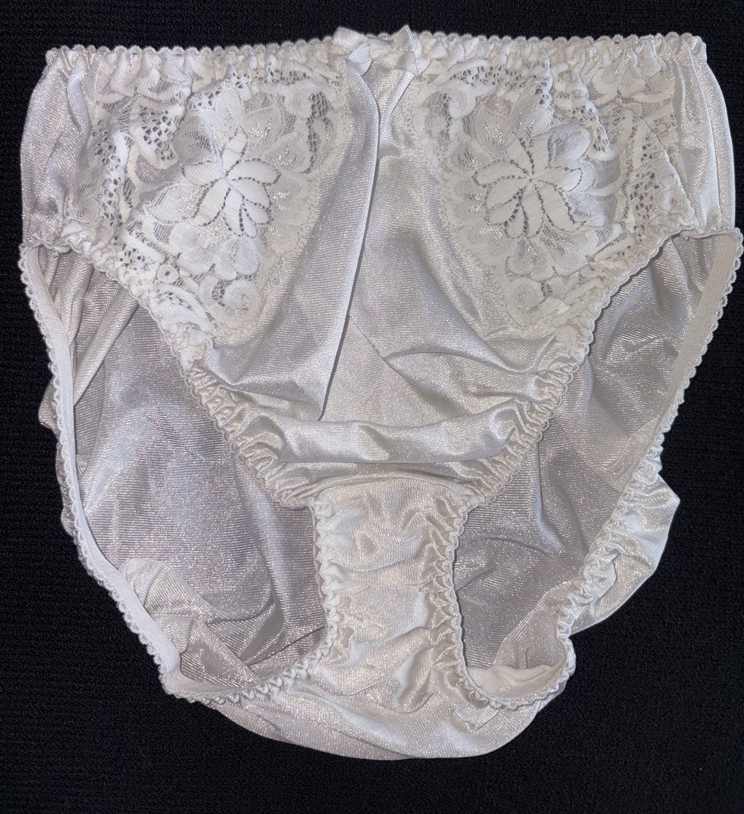 Vintage Olga S White Satin / Lace Hi-Cut Nylon Pinup panties Underwear Bikini