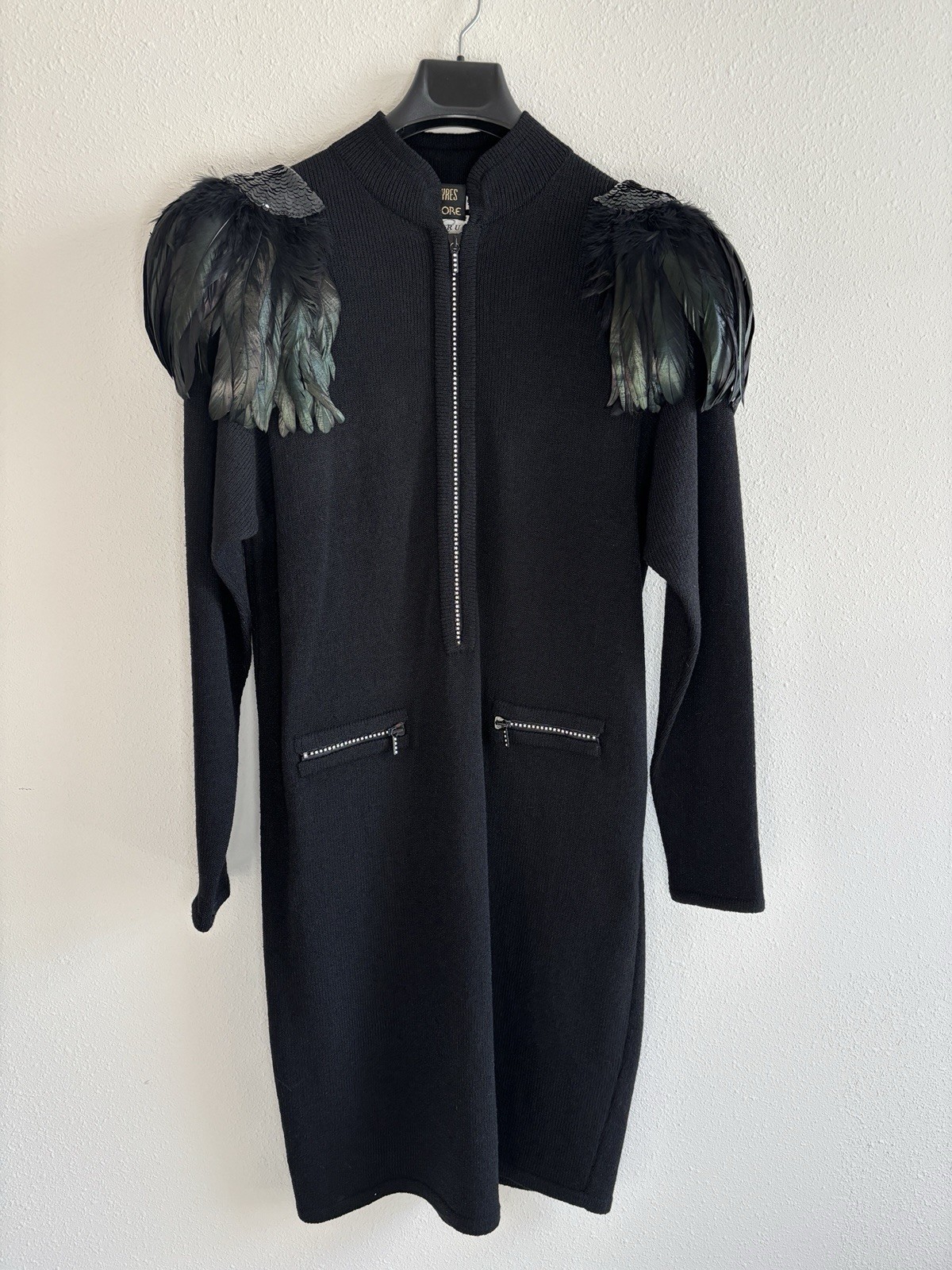 Vtg 80s Don Sayres Lillie Rubin Black Wool Dress Feather Sequin Whimsigoth 10