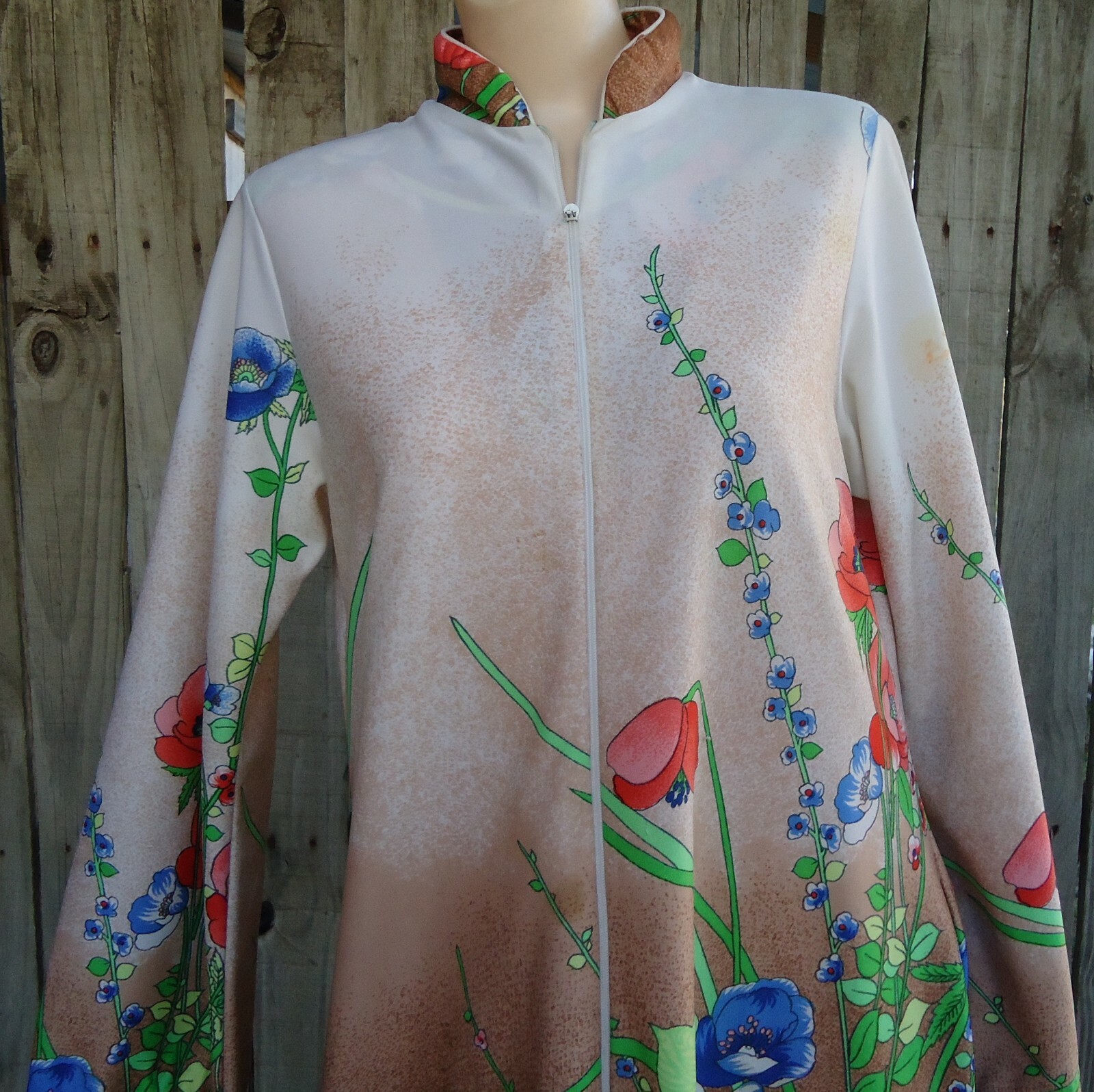 Vtg Silky M 12/14 Maxi Tropical Floral Zippered Lingerie Lounging Robe Polyester