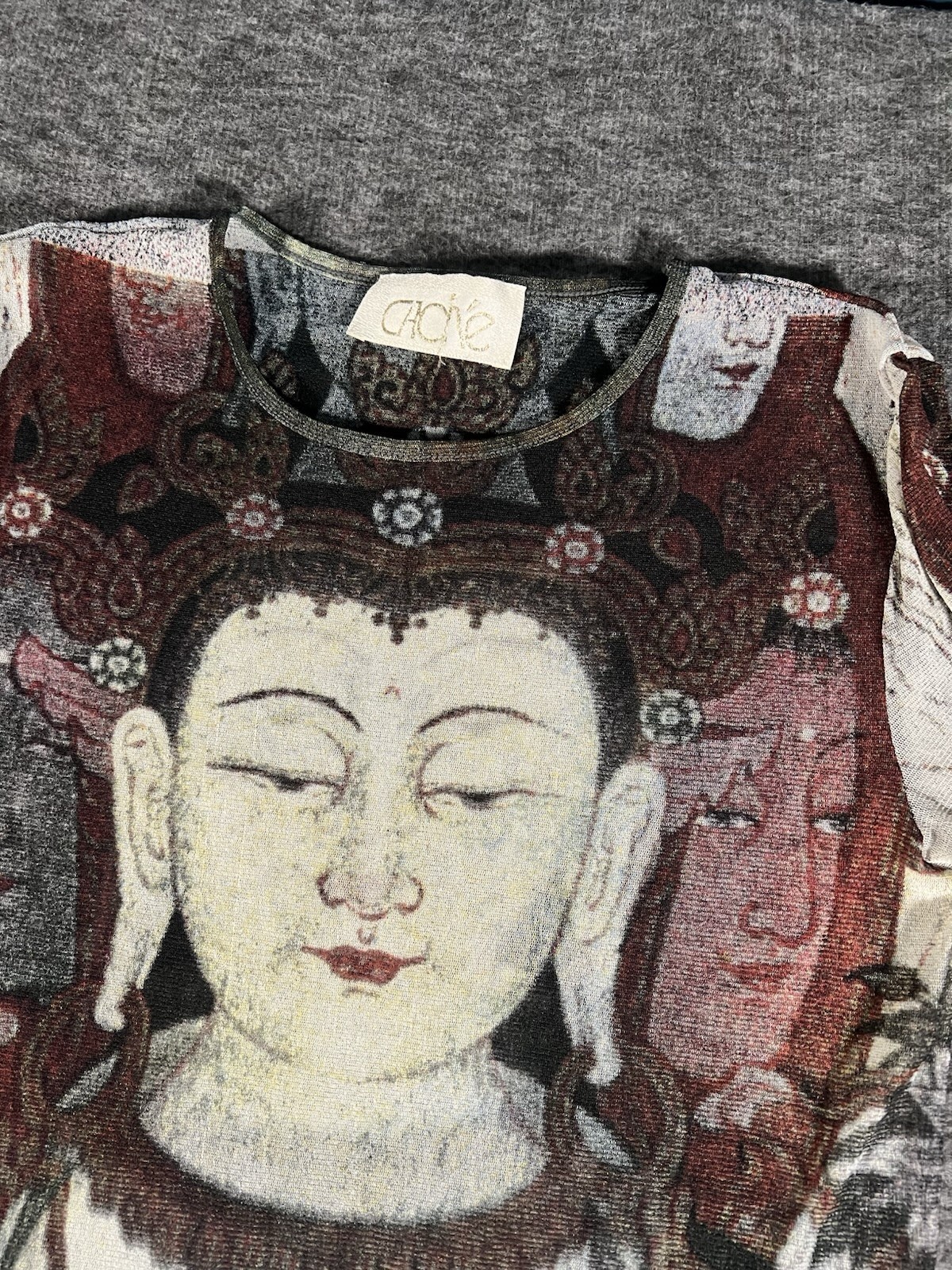 RARE 1997 VIVIENNE TAM CACHÉ SHEER MESH MAXI QUAN YIN PRINT BUDDHA L/S DRESS