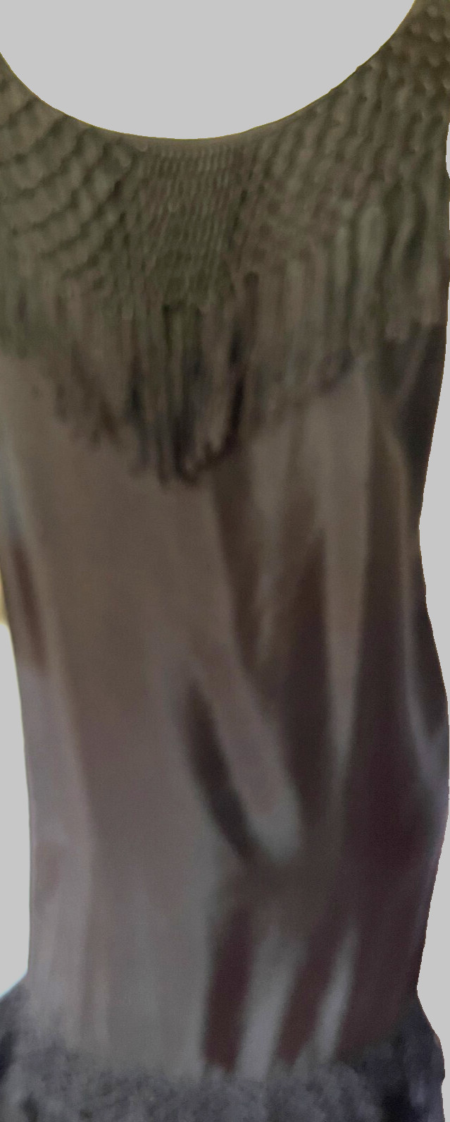 Black Silk Satin 1920 Flapper Sleeveless Dress W/ Fringe Four /Ruffles at Hem