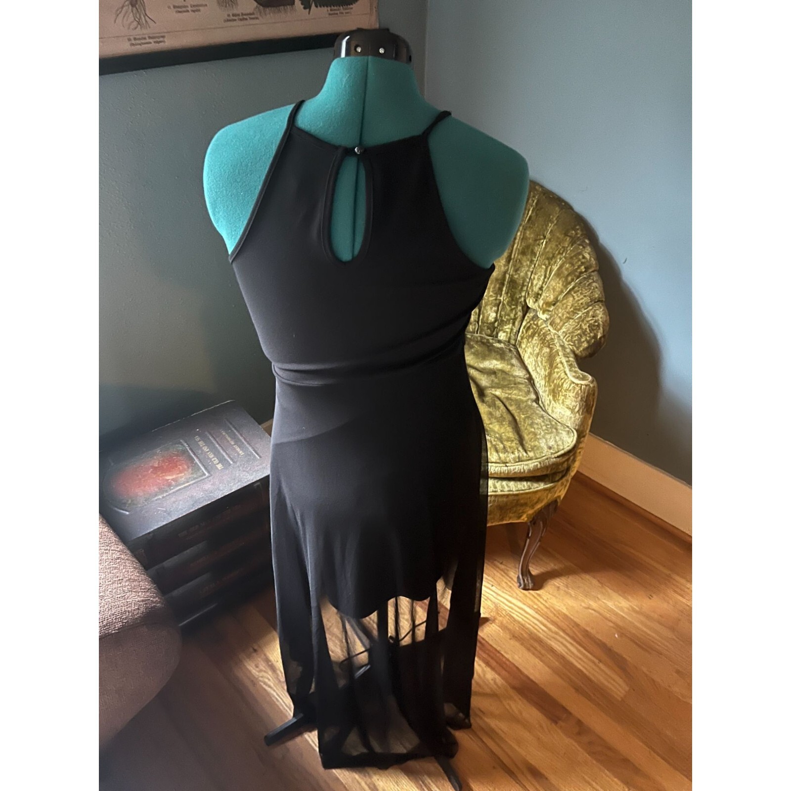 Vintage 90s Black Strappy Mini Dress with Asymmetrical Chiffon Overlay + Sequin