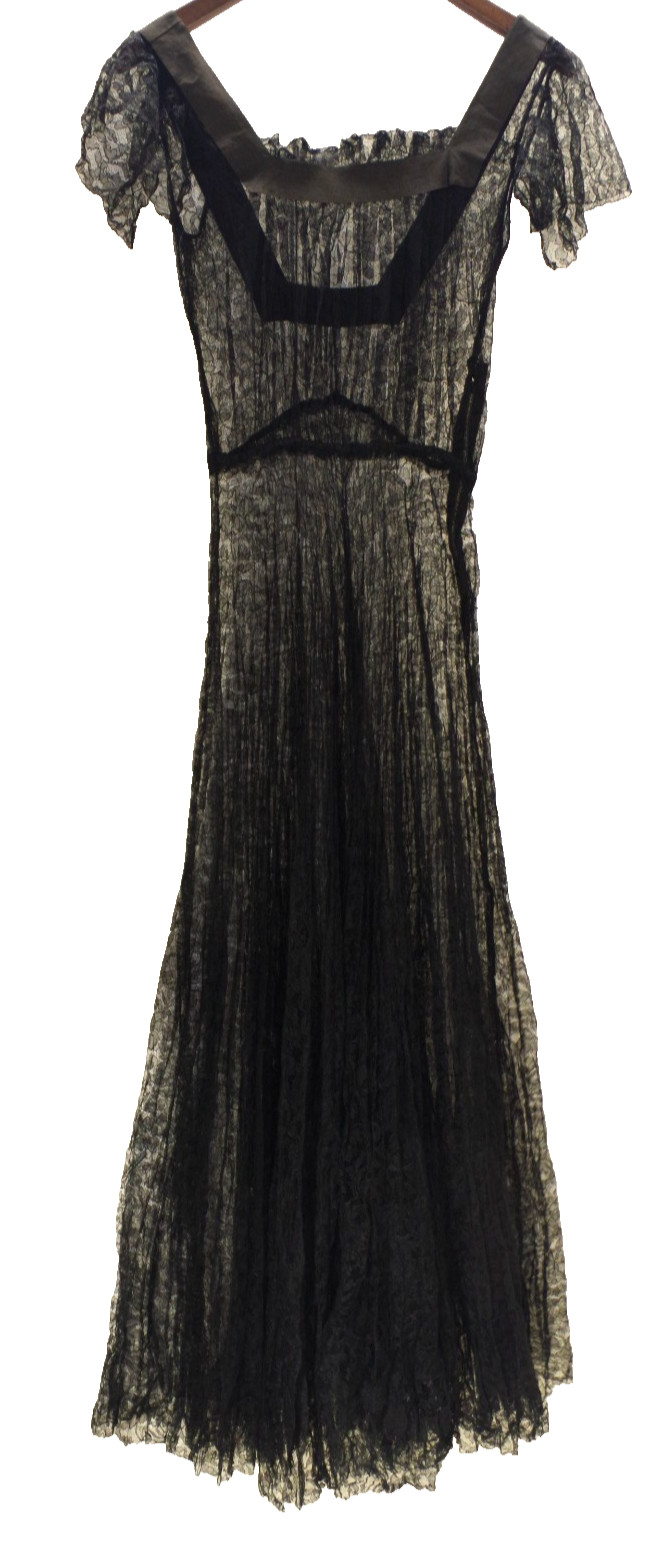 T3 ANTIQUE 1920’S SHEER BLACK French Lace Long DRESS Hand Sewn Grosgrain Ribbon