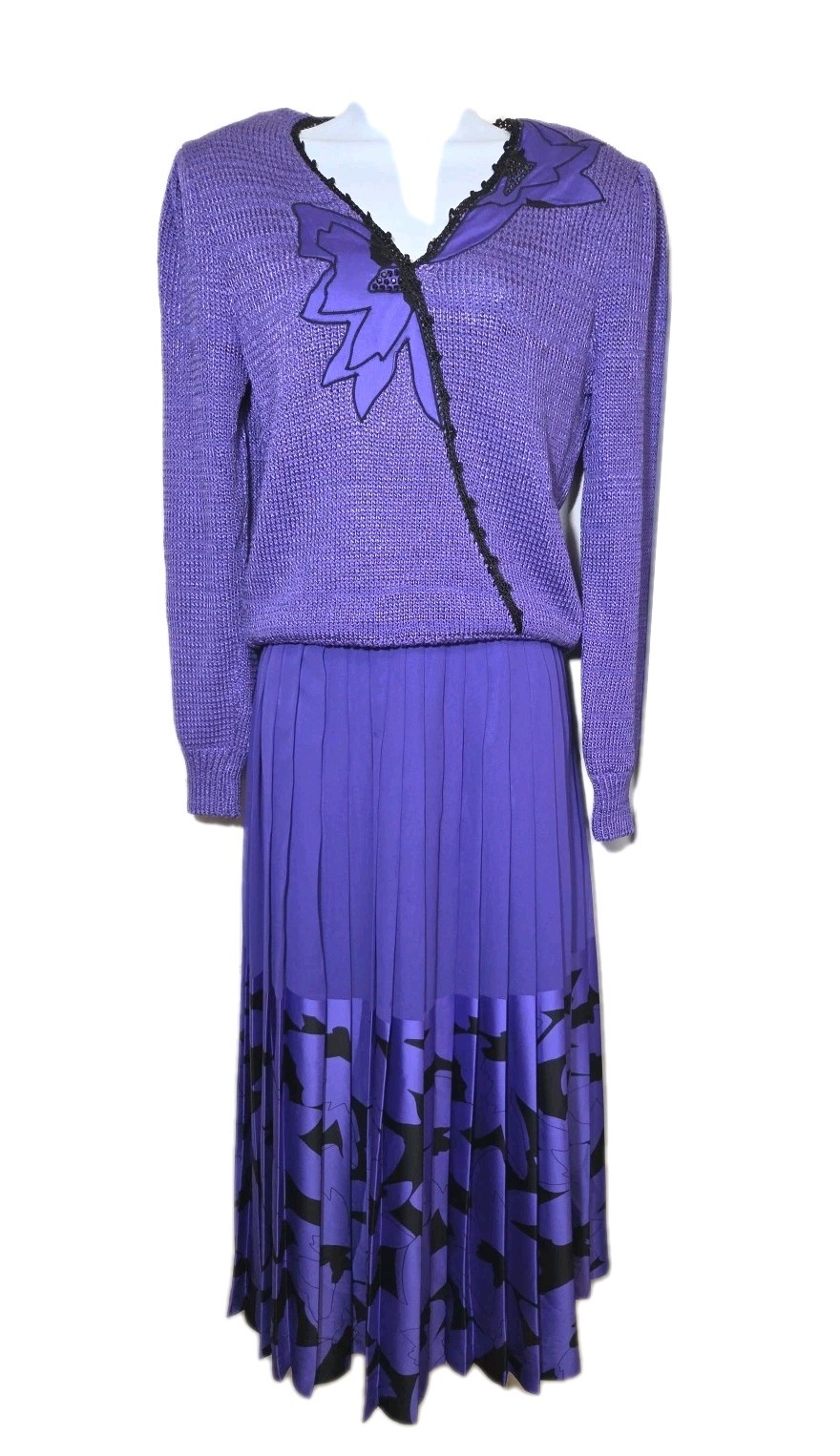 Vintage Richtone New York Applique Sequin Purple Knit Sweater Skirt Set Size 10