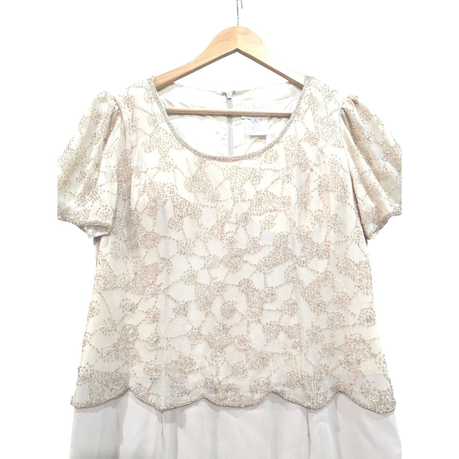Vintage LaBelle Fashions Dress 14 Beaded Maxi Jacket Set Beige Mother Bride Gown