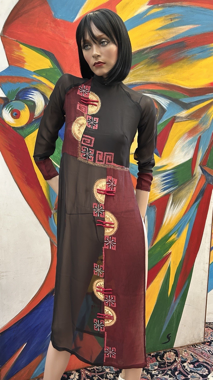 Vtg Traditional Chinese Inspired Design High Collar Hand Painted toggle decorate