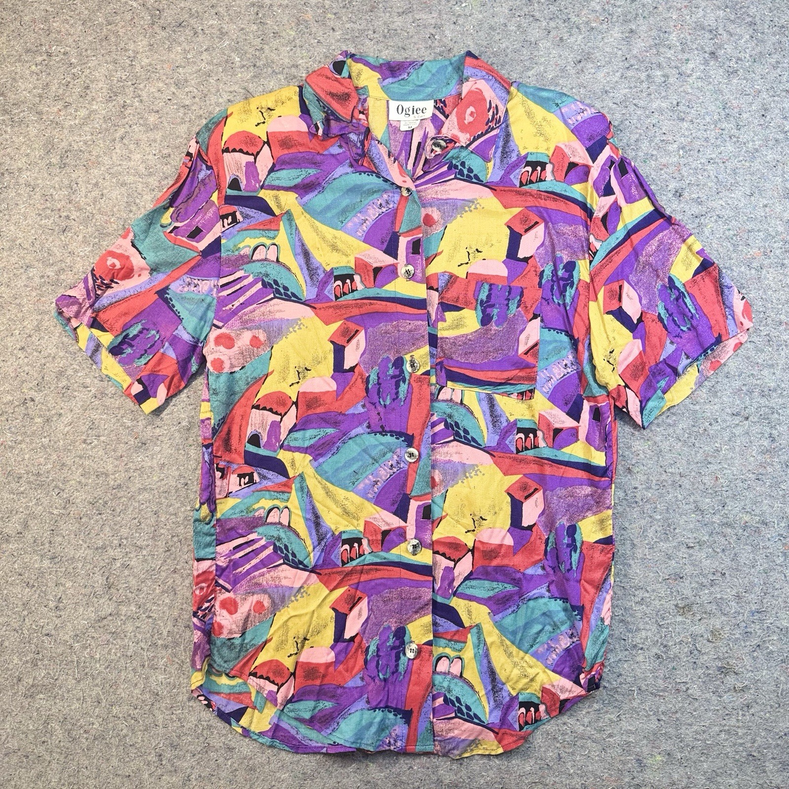 Vintage Abstract Art 100% Rayon Lightweight Button Up Size P/medium 1541