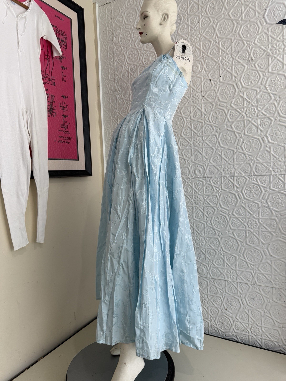 vintage 1950s gown baby blue taffeta bridesmaid prom small xs jaquard floral