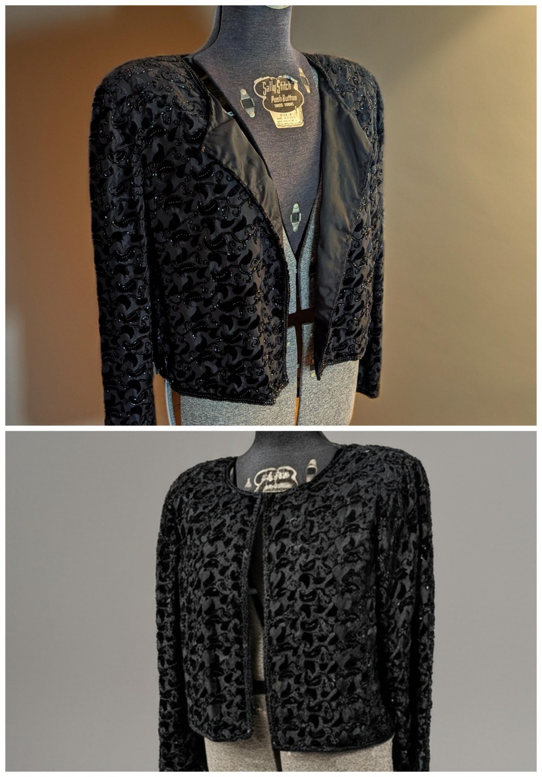 Vtg 80s Stenay Beaded Cropped Jacket M Fits L Black Devoré Paisley Open Evening