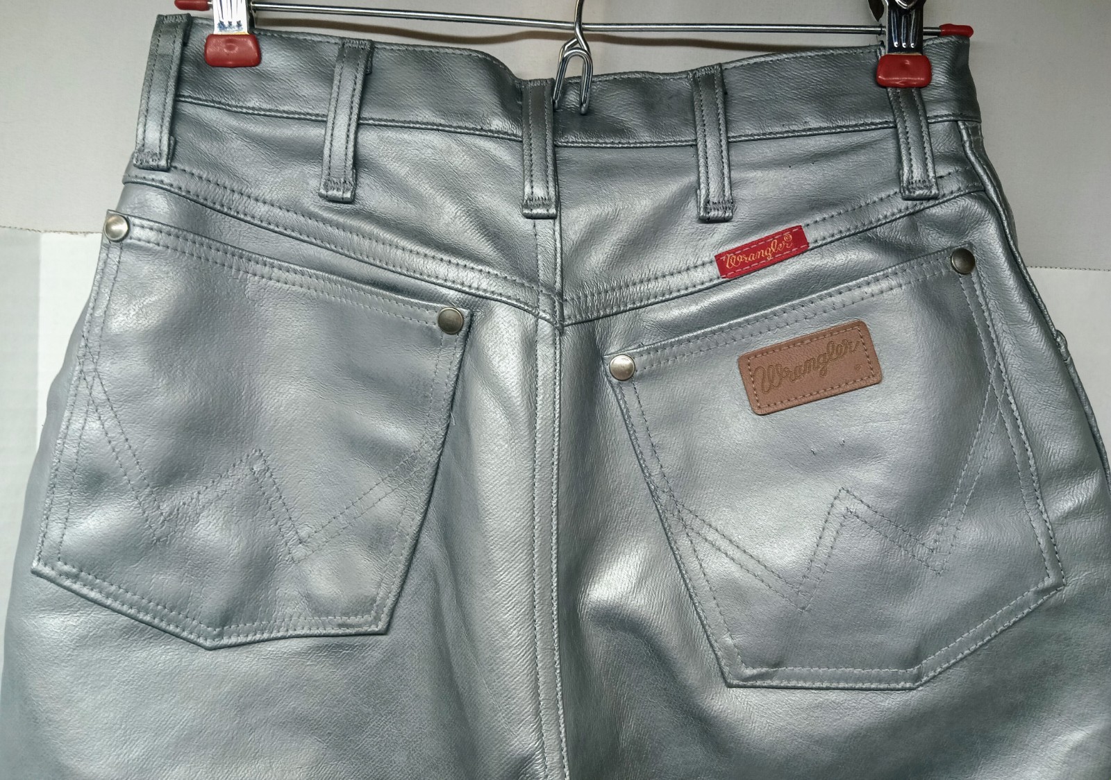 Vintage Wrangler Sz 5/6 x 36 Silver Faux Leather Jeans USA Rodeo 26″ X 35″
