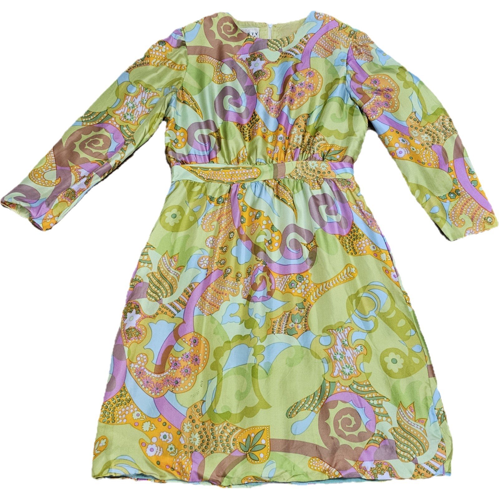 Vintage 1960s Silk Psychedelic Vibrant A-line Dress Size L Groovy Hippie