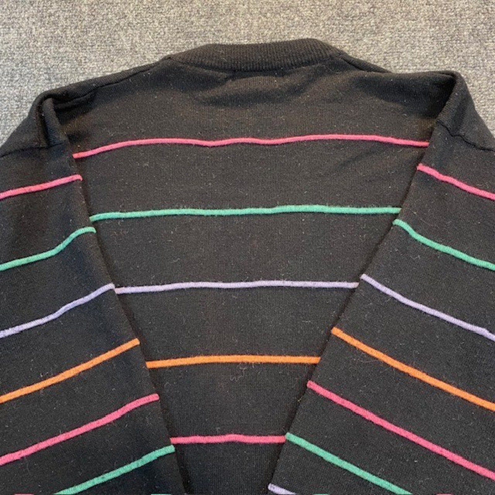 Vintage 80s Sweater Bee Banff Rainbow Stripe Black Cardigan Sweater Women Medium