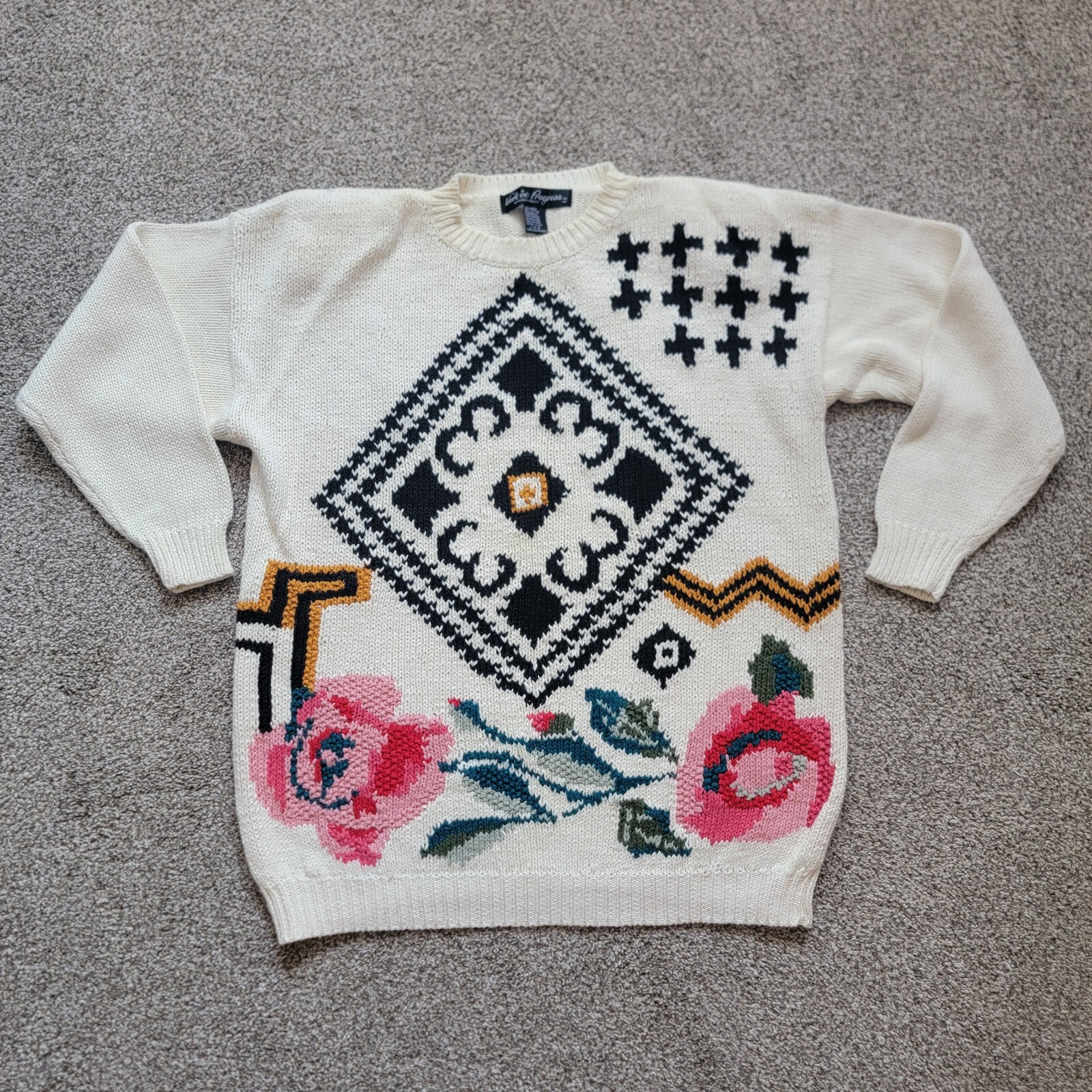Vintage 80s Womens Work In Progress By Gladys Bagley Roses Sweater Size Large