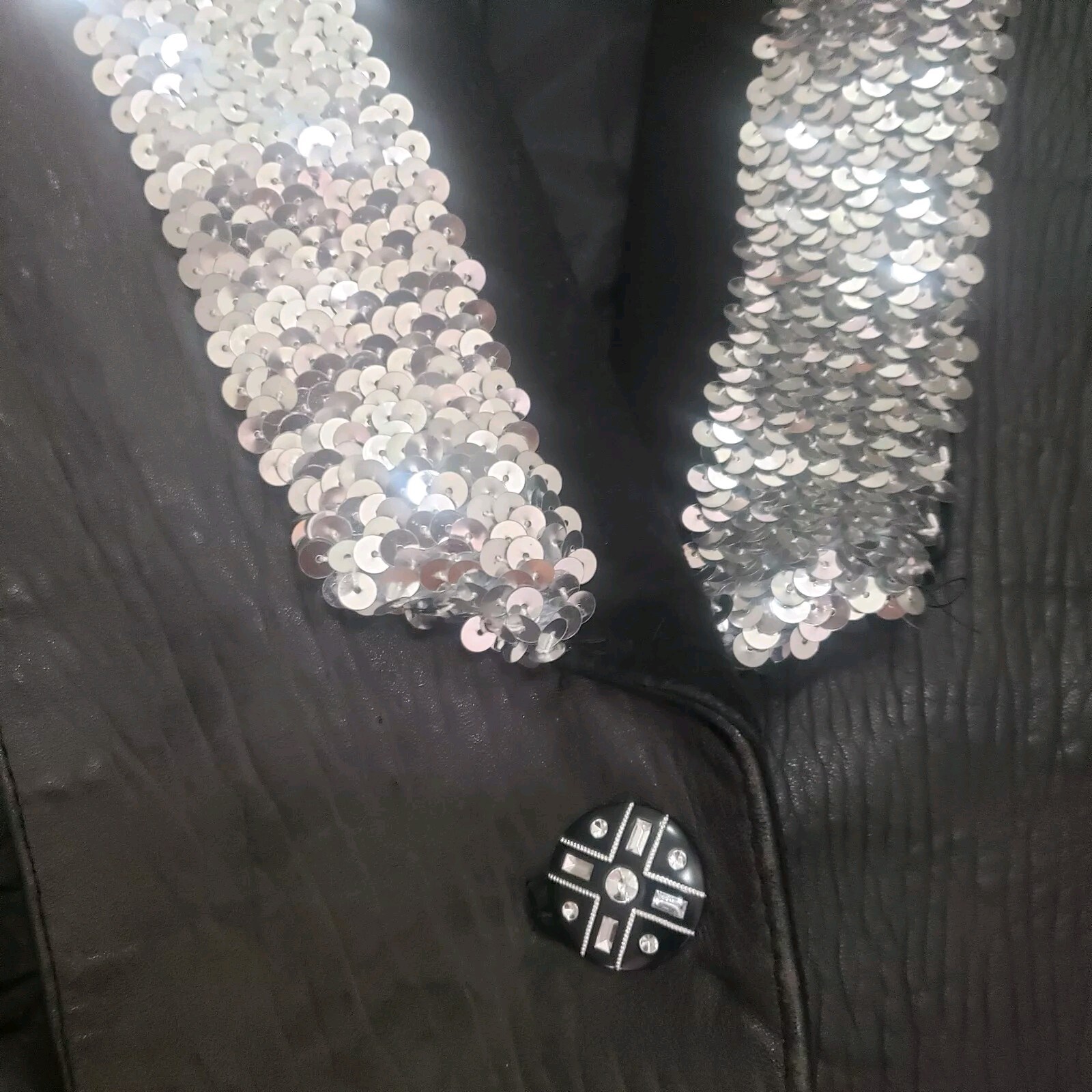 Vtg 80s Sz L black Leather Jacket sequins collar puff sleeves Glam Mobwife