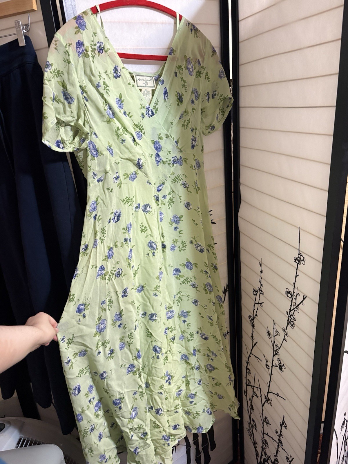 Vintage 90s April Cornell Rayon green floral dress p2p 18.5-22 M/L