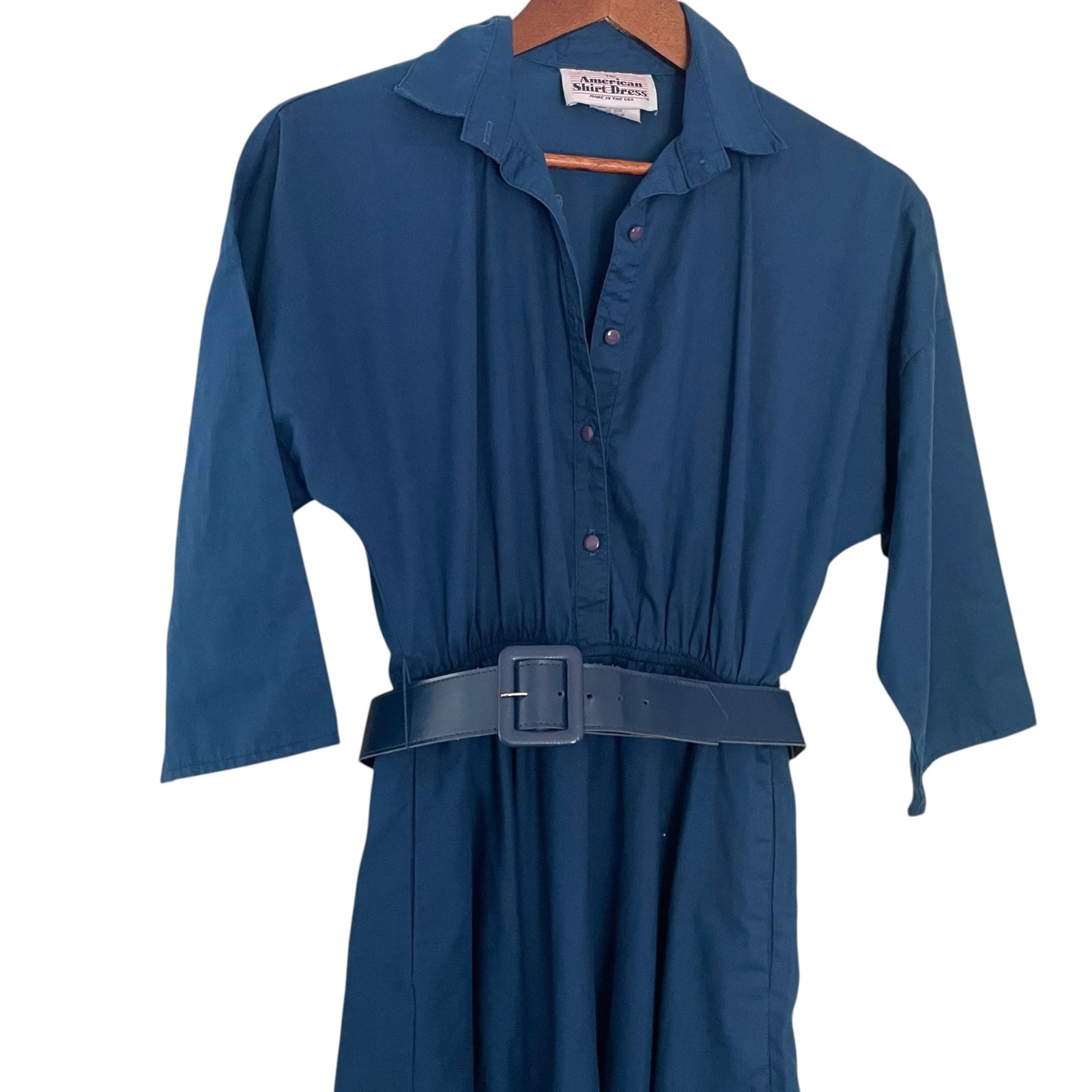Vintage 80s The American Shirt Dress 8P 8 Petite Navy Blue Midi A Line Belted