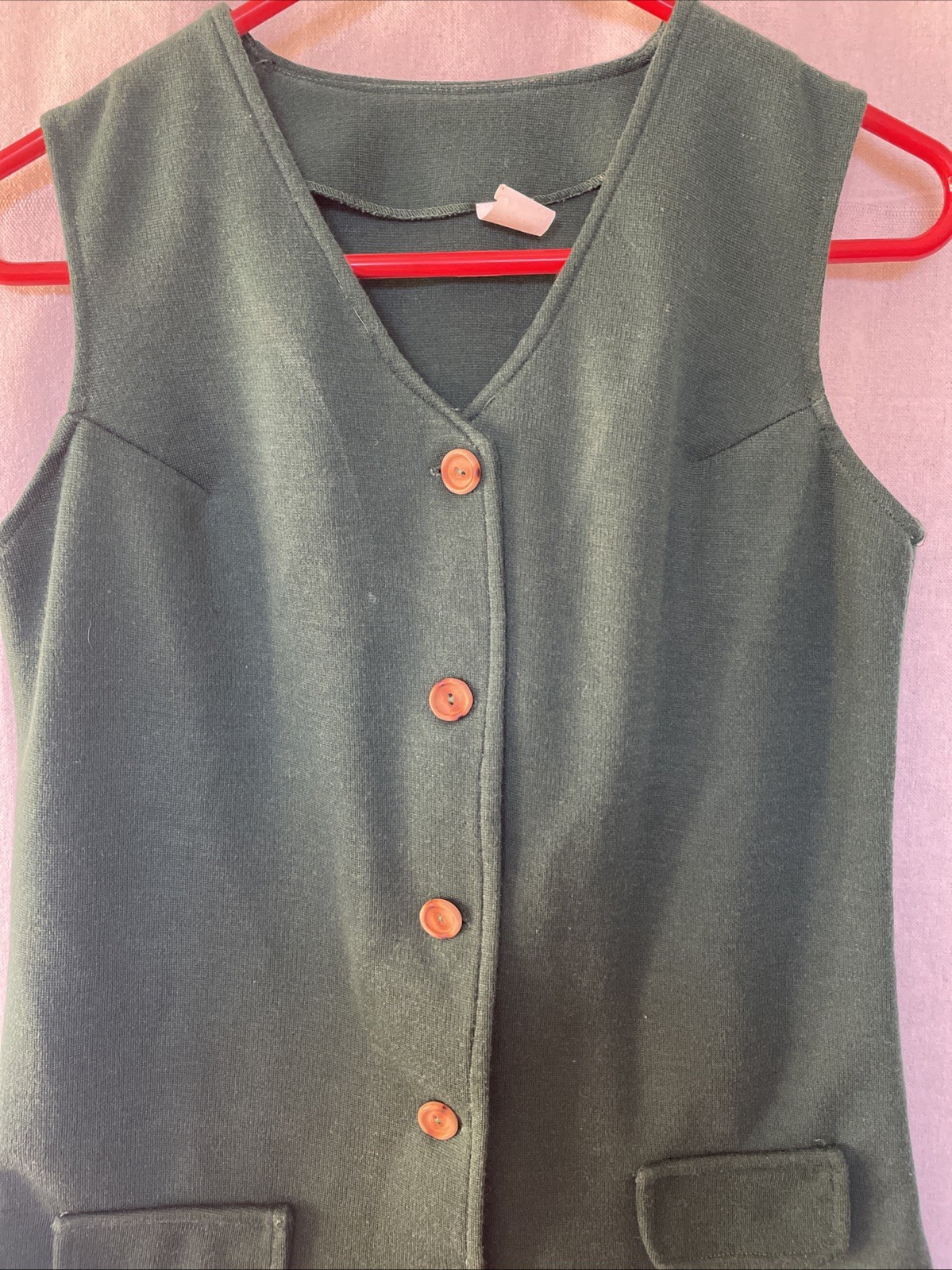 VTG Vest Women’s M Dark Green Knit Wood Buttons Boho Grannycore Peasant Academia