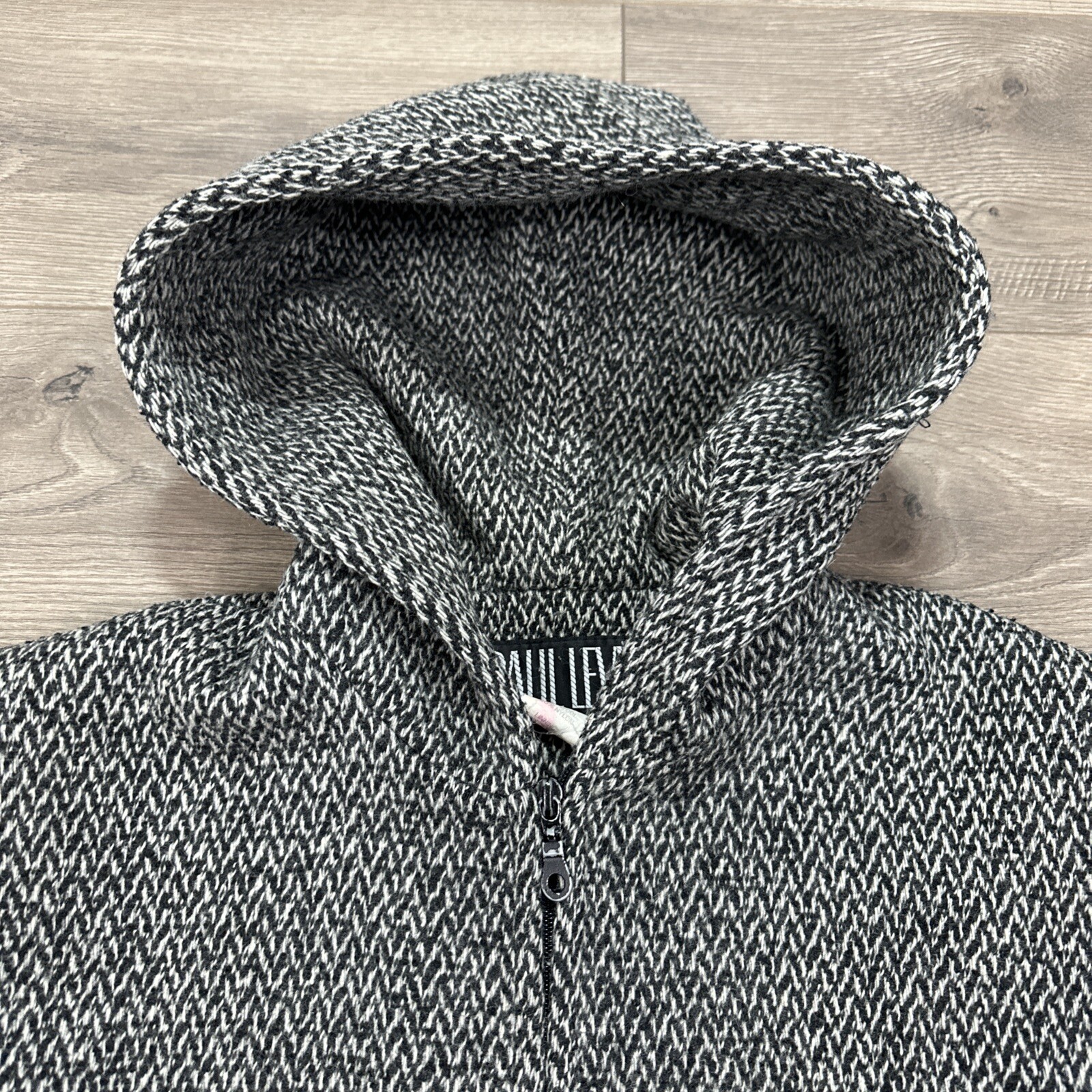 Vintage Paul Levy Wool Hooded Jacket Coat Full Zip Grey Black Herringbone Small