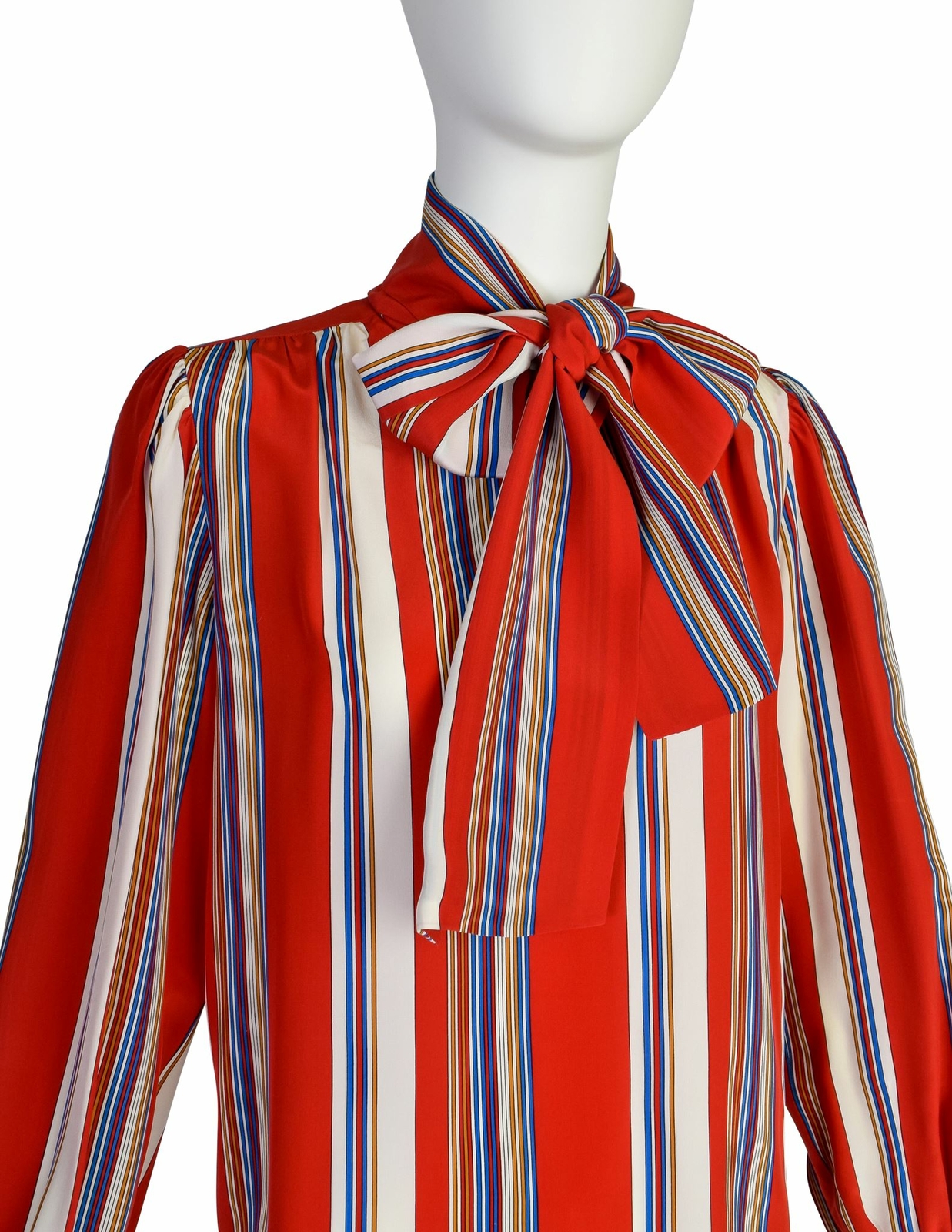 Yves Saint Laurent Vintage SS 1982 Red Multicolor Striped Silk Lavalliere Shirt