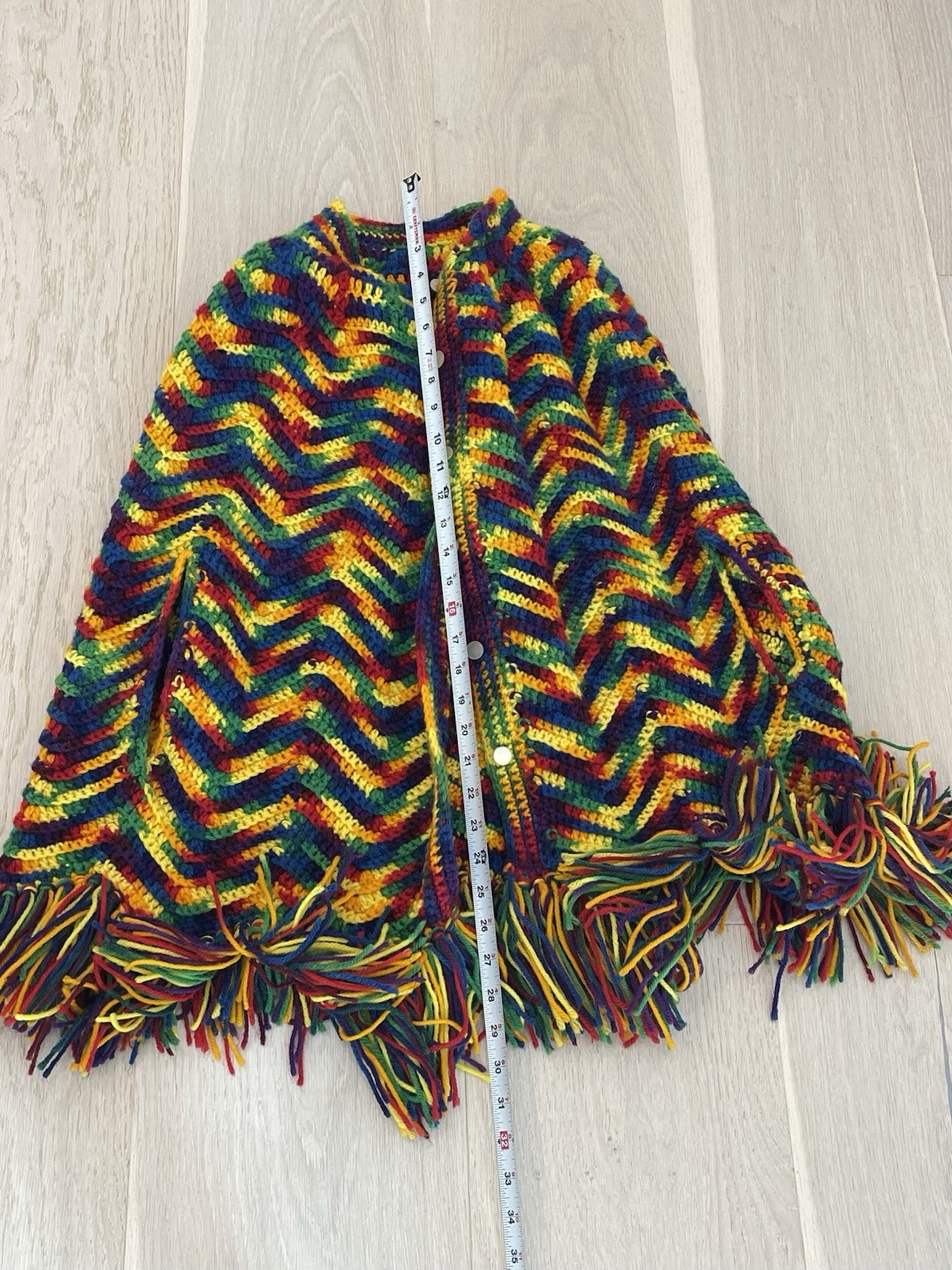 Vintage Handmade Crochet Poncho BOHO Fringe Button Up Festival Hippie OS Color