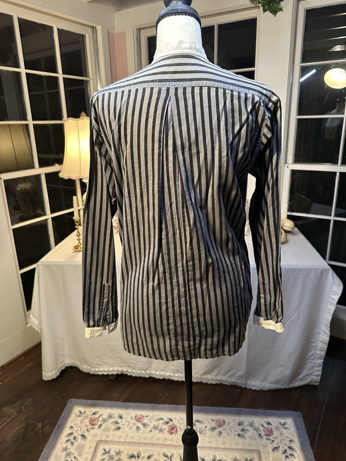 Vintage Women’s Dress Shirt Vertical Stripe Bib Collar Black And Grey RARE