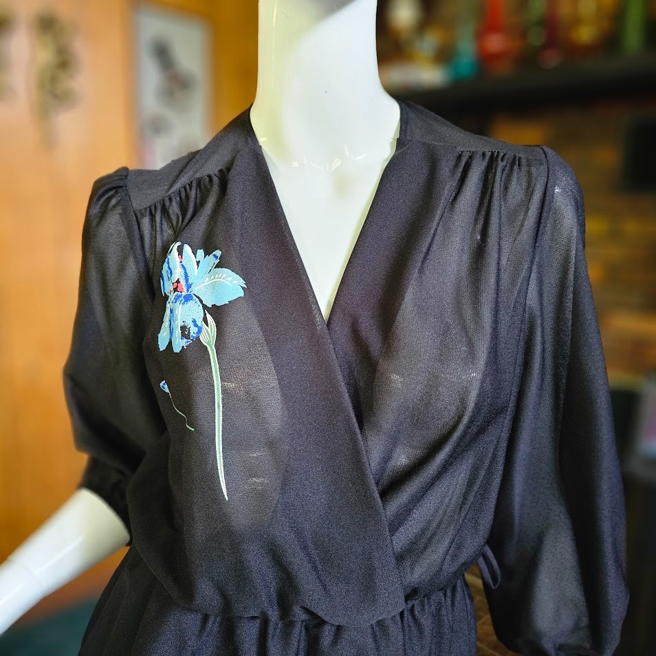 Vtg 70s does 1940s Sheer Plunging Peplum Blouse + Pencil Skirt Dress Set XS/S/M