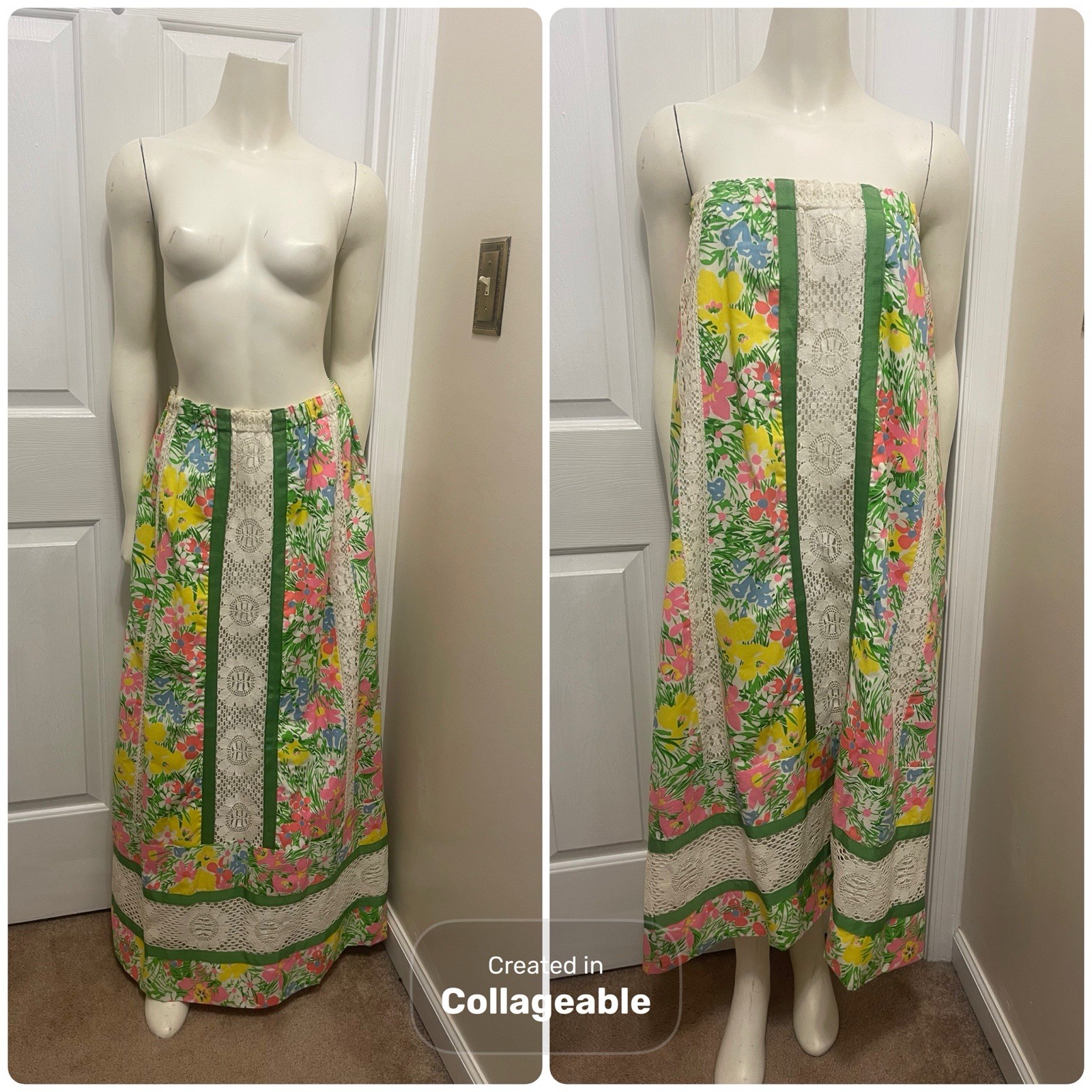Vintage Floral Patchwork Strapless Dress Skirt Lace Cottagecore 70s Prairie Pink