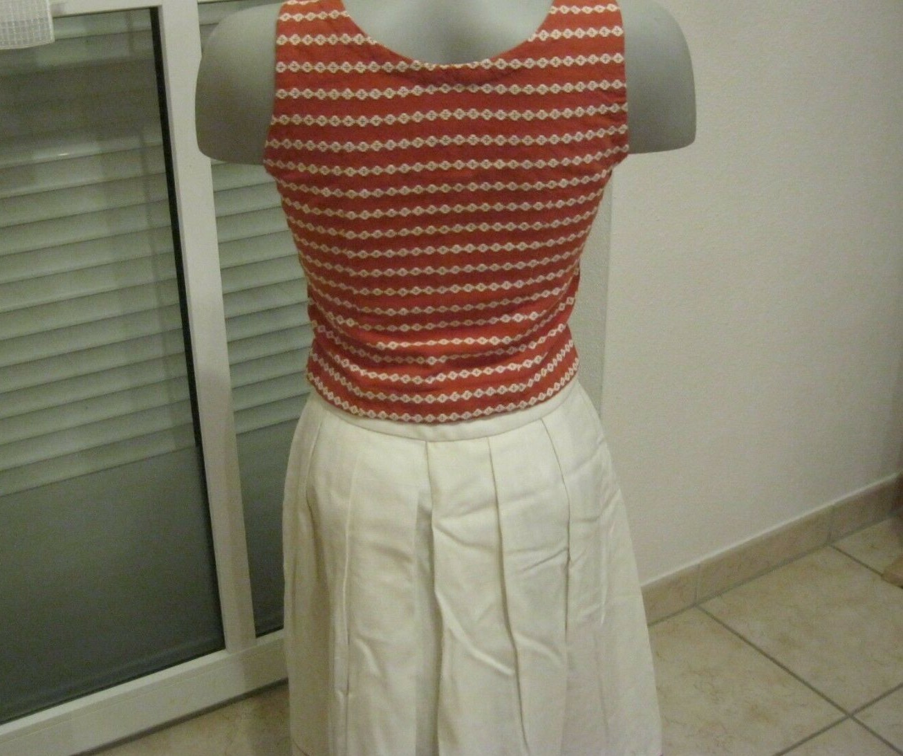 3 Piece Summer Dress 80s Linen Tailored Cream Rust Red Skirt Top Jacket S/36