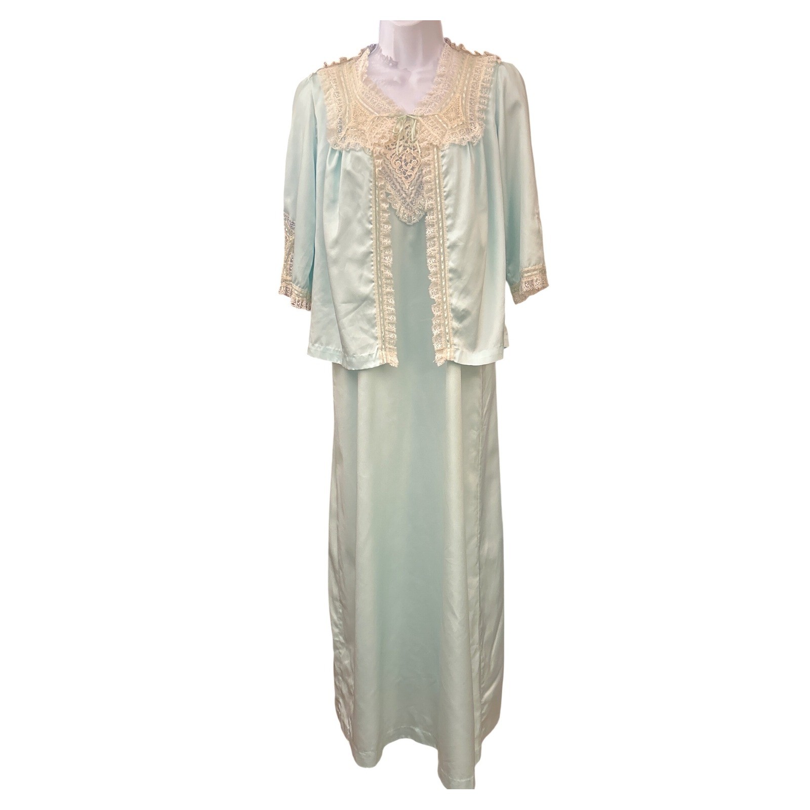 Vintage Lady Iris Nightgown Peignoir Set Blue Lace Coquette Regencycore Bridal