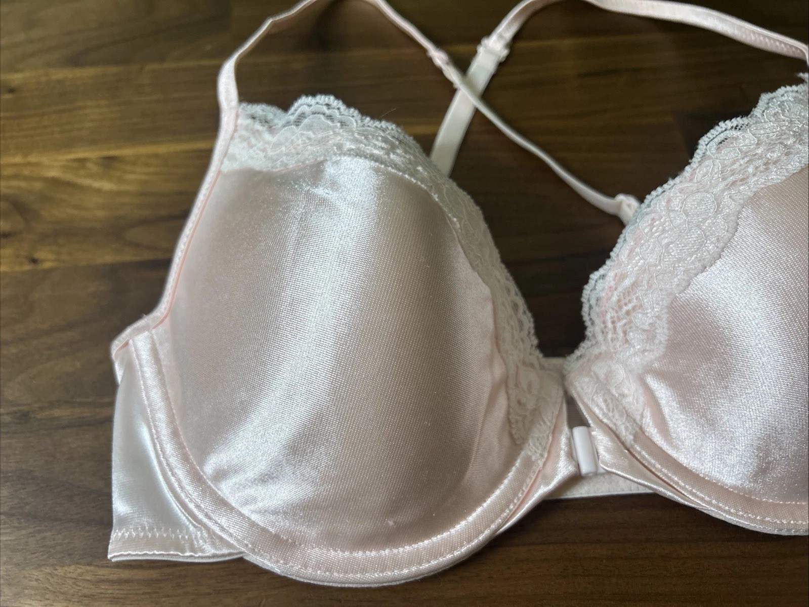 Vintage Sears Pink White Lace Trim Shiny Second Skin Bra Size 36C Front Closure