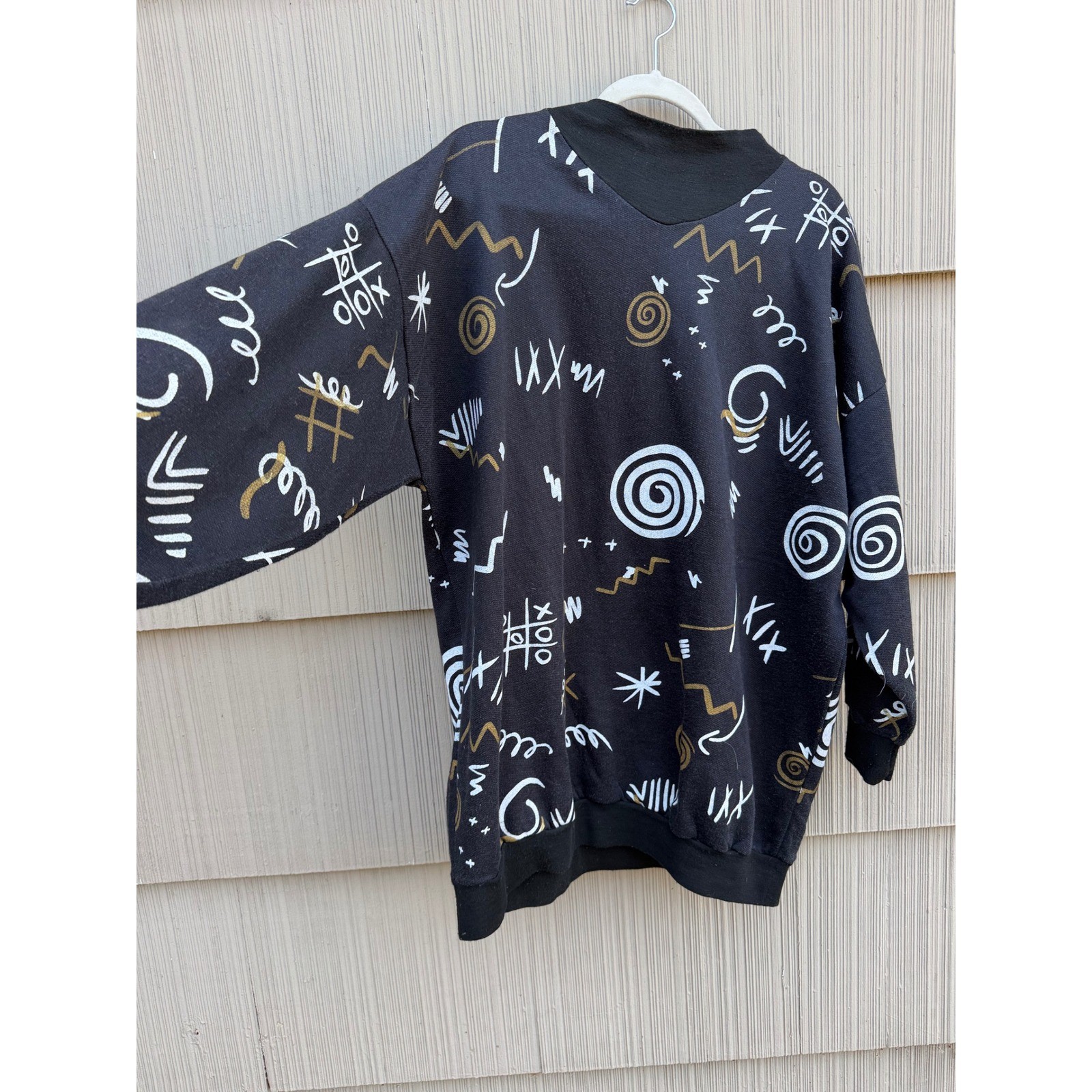 Vintage 80s Memphis Art Abstract Doodle Sweatshirt XL Black Made in Italy Tunic