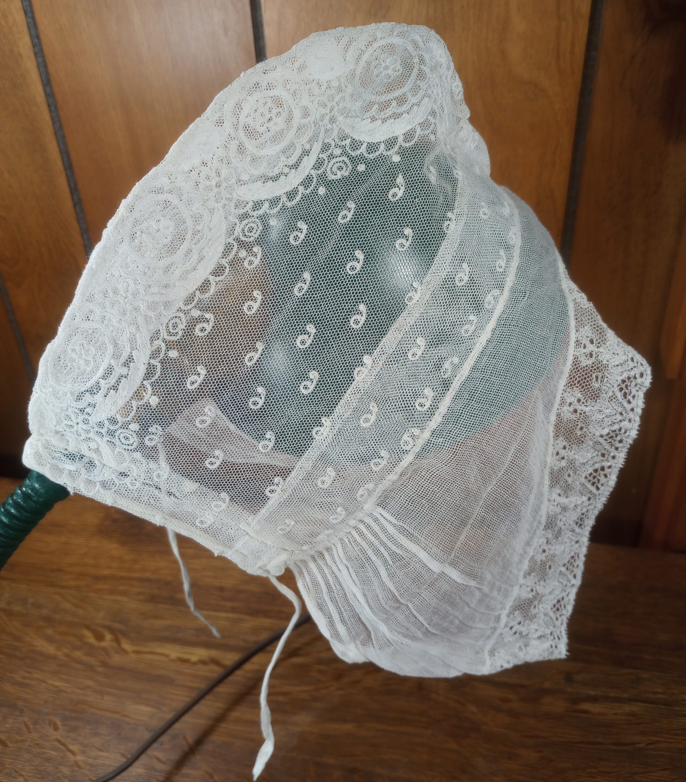 ANTIQUE Victorian Appliquéd LACE BONNET Fine Mesh Net
