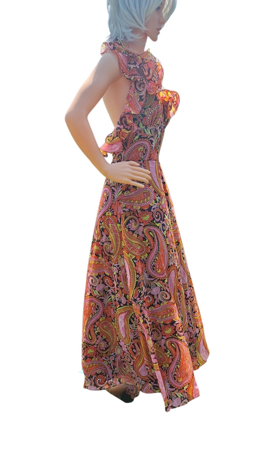 Jack Hartley Miami Maxi Dress Paisley Print Ruffle Neck Sleeveless S Vtg 70s