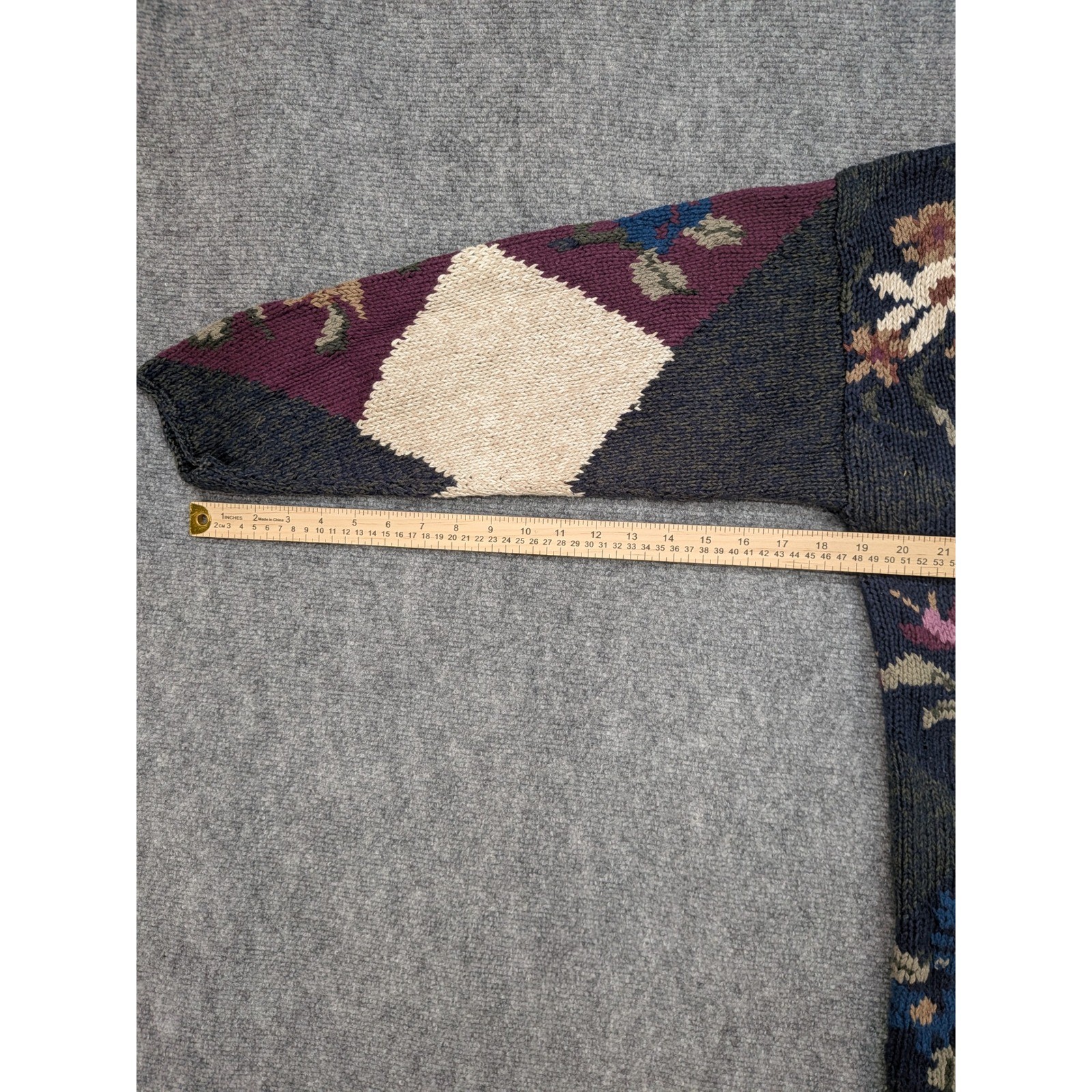 Vintage Paris Sport Club Sweater M Hand Knitted Floral Diamond Chunky Cottage