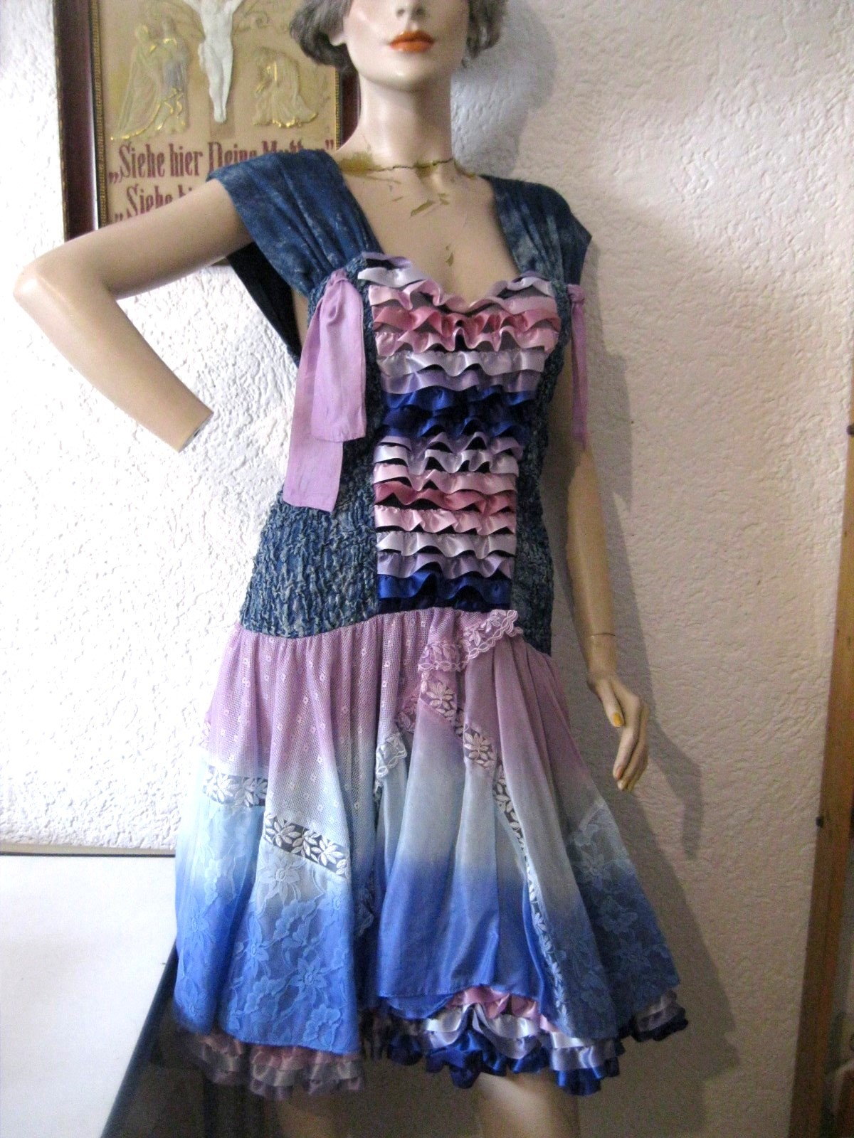 Vintage French Designer Dress MAICK HAROLD PARIS Tie Dye Look Silk Lace Ruffle