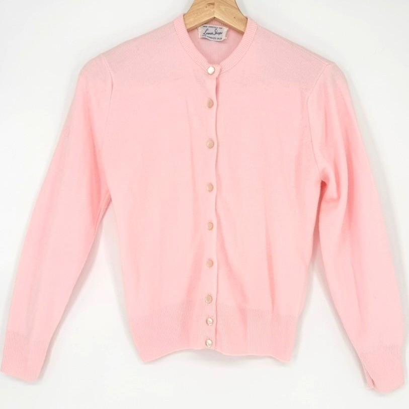 Vintage Lerner Shops Baby Pink Orlon Cardigan Sweater 50s 60s Twee Mod MCM