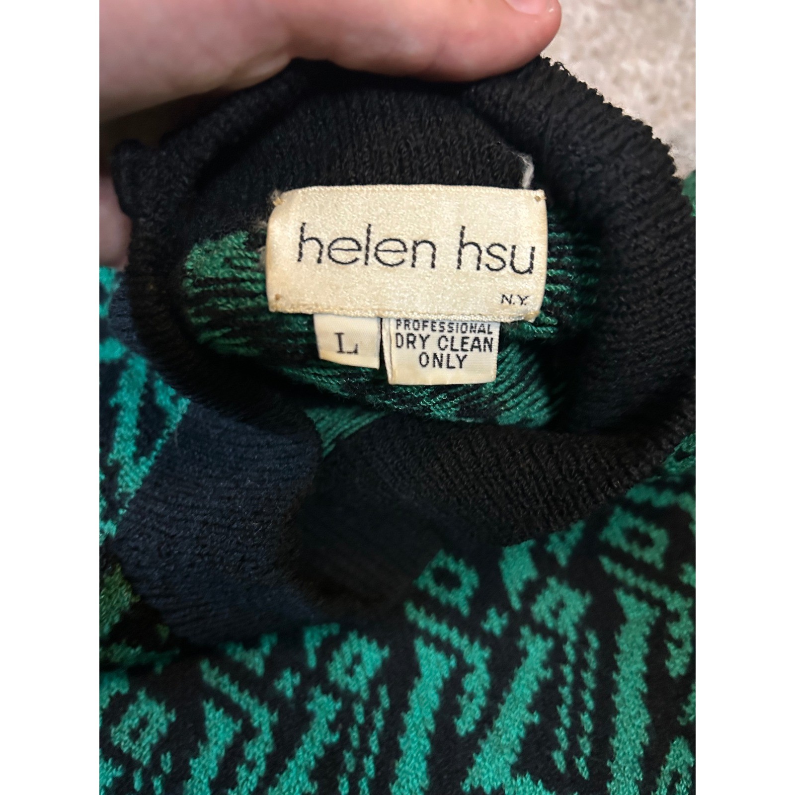 Helen Hsu Sweater Women Large Green Geometric Knit Vintage Mock Neck Soft