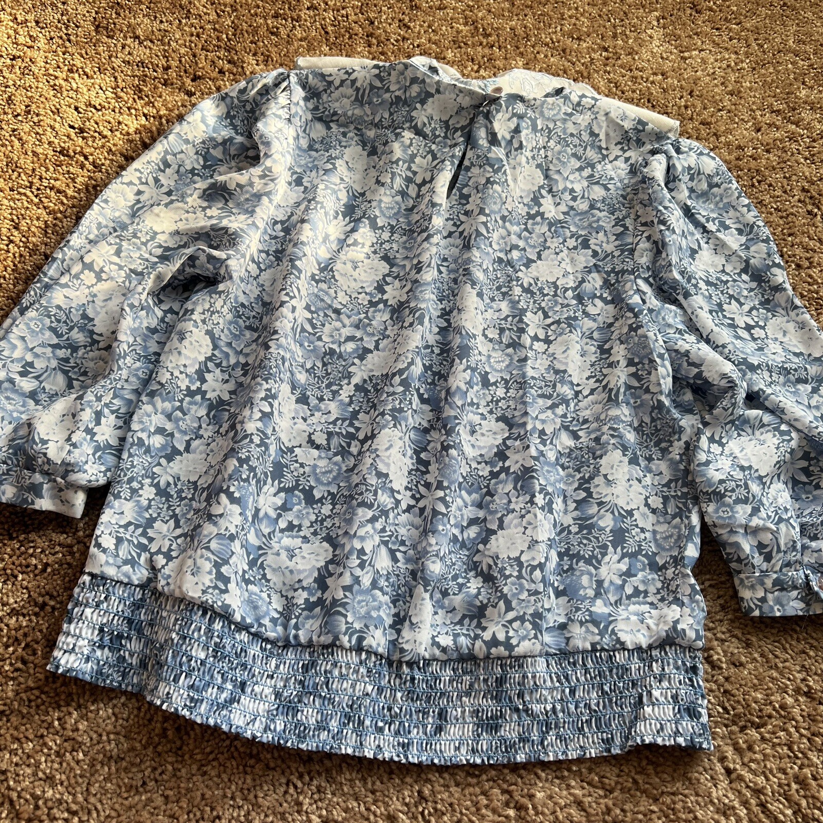 Vintage Victorian Lace Linen Ruffled Floral Blue Cottage Blouse Peasant 80s 8p